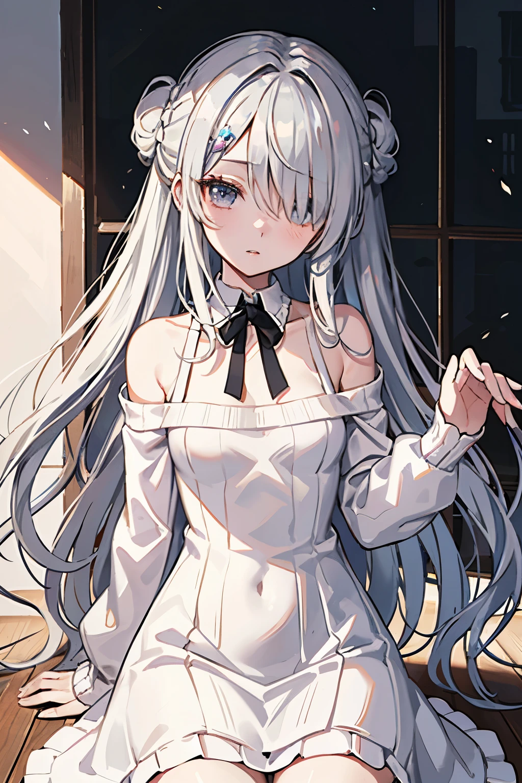 ((best quality)), ((masterpiece)), (detailed), perfect face,extra long hair,hair over one eye,half updo,skinny body,,wariza,((Knitted Off Shoulder Dresses))