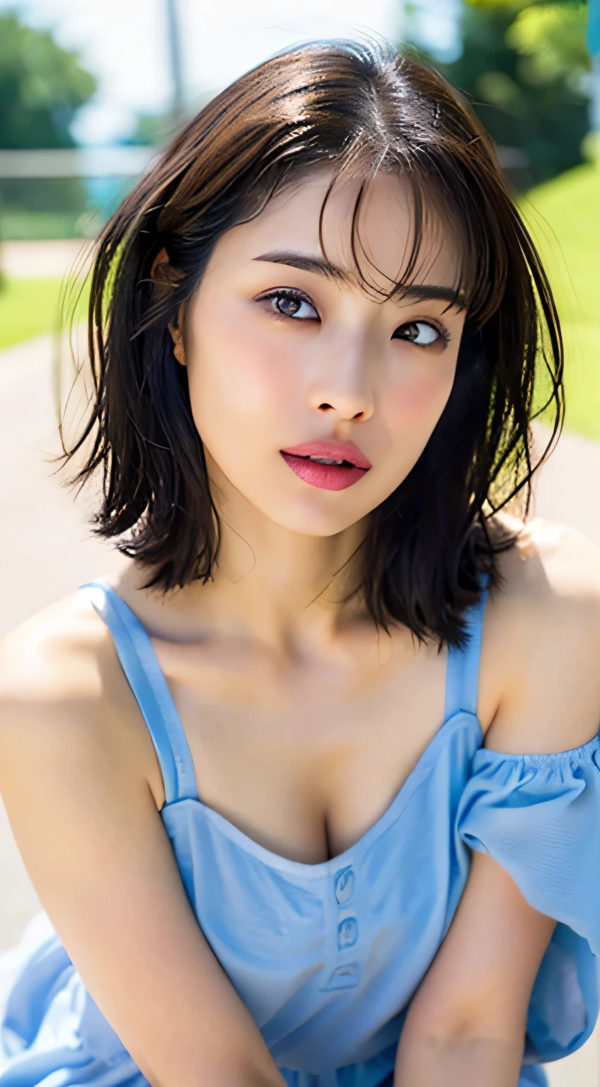 Ayaka Miyoshi,Woman posing in underwear, Top Quality, 1girl, (huge breasts), Day, Bright, Blurred background, Bokeh, Soft lighting, Wind, Glossy skin