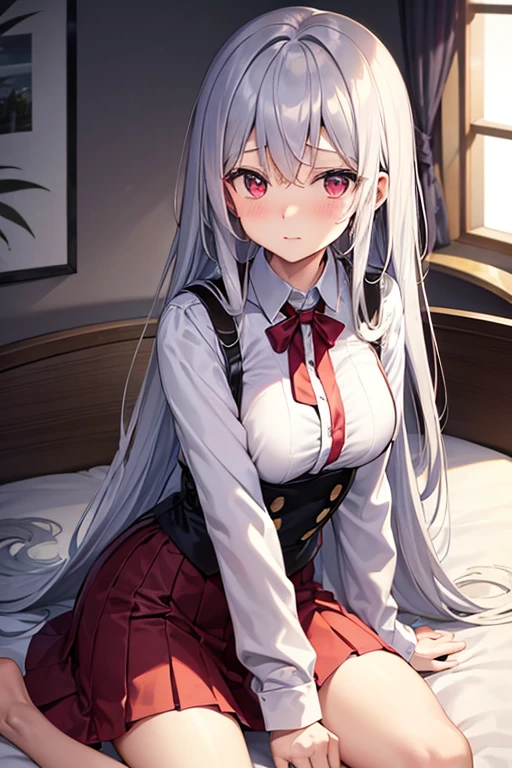 Best Quality, ultra-detailliert, Illustration, silber hair, Aimei,,embarrassed from,red blush,scratching your head,The long-haired,cute face,beutiful breast,turned around,Suspender Skirt,long-sleeve,Dark blue skirt,neck tie,Close,Angle to show off breasts,look up to,finely detail,a bed、Sit up