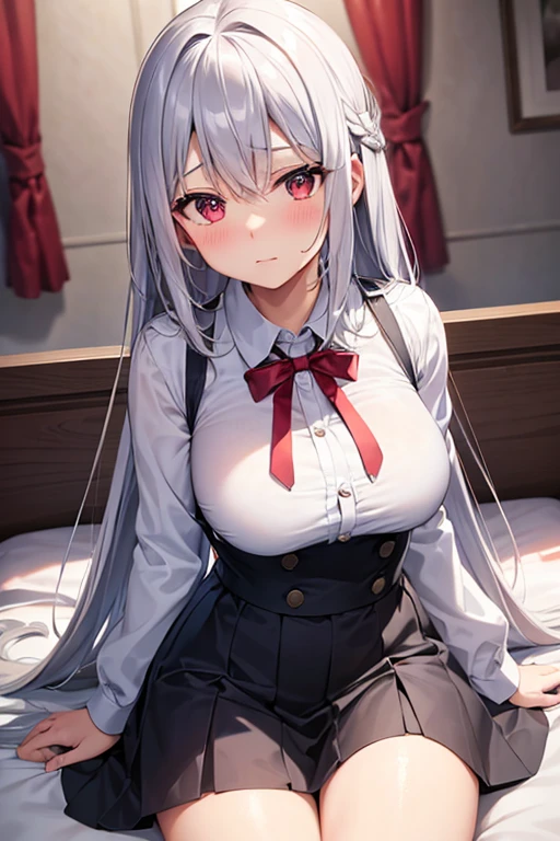 NSFW,((1man with 1woman,Having sex)),show off nipple,bared  chest,Revealing clothes,​masterpiece, top-quality, 1girl in, looking at the viewers, hair between eye, Blue jewel-like eyes, White hair, length hair, bow ribbon, Hair ribbons, 校服, pleatedskirt, white  shirt, a black skirt, shortsleeves,Whip thighs, Smile with open mouth,embarrassed from, red blush,Top image quality