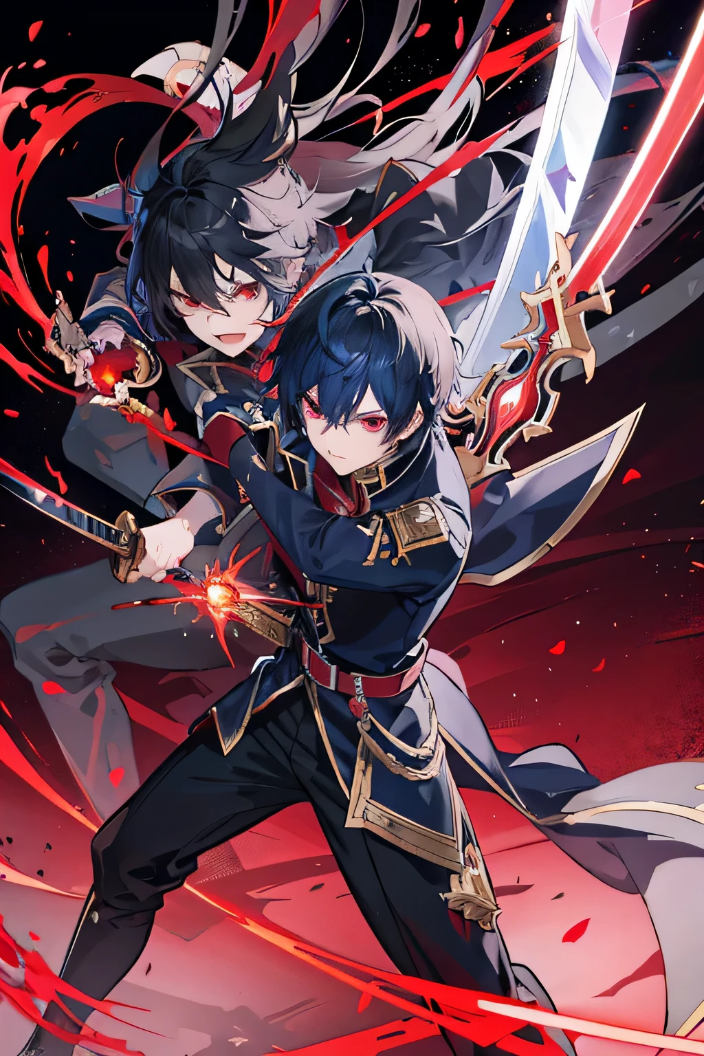 Anime boy fighting with a sword, shadow young wizard, Epic anime style, anime key artโดยละเอียด, Shadowverse style, Fantasy style anime, devil man, anime key art, Red eyes, black hair, commander's uniform,Fencing