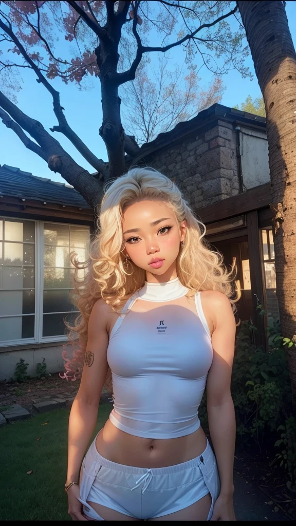 Beautiful girl, slim fit  body,  curly blonde hair, crop top,  panties, white skin ,  pink lips 