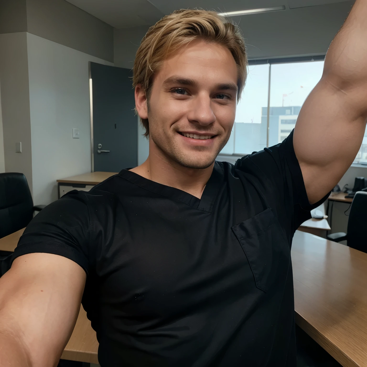 30 year old man very good looking, blonde hair, muscly, big biceps, smiling, black shirt, blue levis, black doctor martins, office in the background, taking selfie