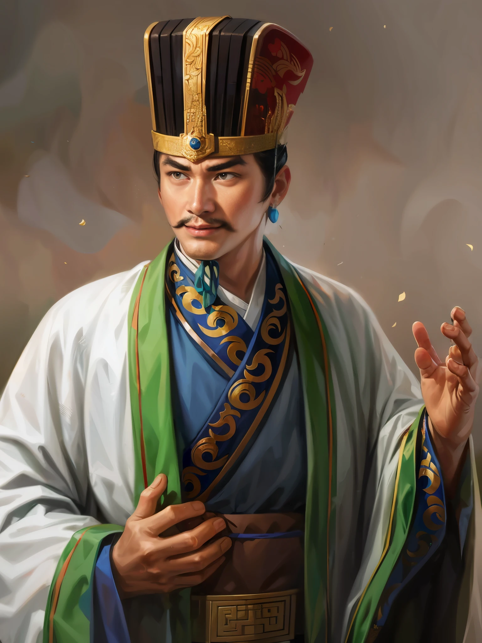 Aravud image of a man in Chinese clothing holding a box, Inspired by Dong Yuan, inspired by Cao Zhibai, Inspired by Emperor Xuande, heise jinyao, Inspired by Wu Bin, Inspired by Hu Zaobin, zhao yun, Inspired by Zhang Sengyao, inspired by Guan Daosheng, Inspired by Zhao Yuan