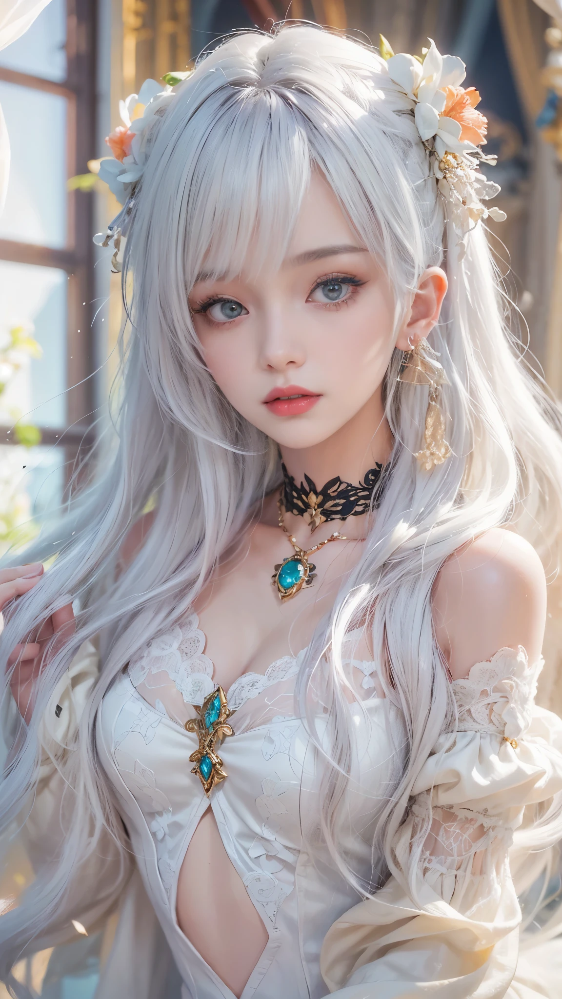 (((multicolored hair, [White hair]))), ultra realistic 8k cg, Picture-perfect face, Flawless, Clean, Masterpiece, Professional artwork, Famous artwork, Cinematic lighting, Cinematic bloom, Perfect face,(Young:1.2),((20yr old)), Beautiful face, Beautiful eyes, (((Perfect female body, Narrow waist))), Young princess, royal, Divine, Goddess, divino, (Royal Palace), fantasy, Dreamlike, unreal, Science fiction, (Normal breasts:1.2), Lolita Costume Outfit，Beautiful clothes, Lace, Lace trim, lace-trimmed legwear, NSFW,, Absurdly long hair, Very long hair, (Rich:1.4), necklace, Earrings, Bracelet, armlets, view the viewer,(thongs:1), (Hands have up to five fingers), (Redlip)
