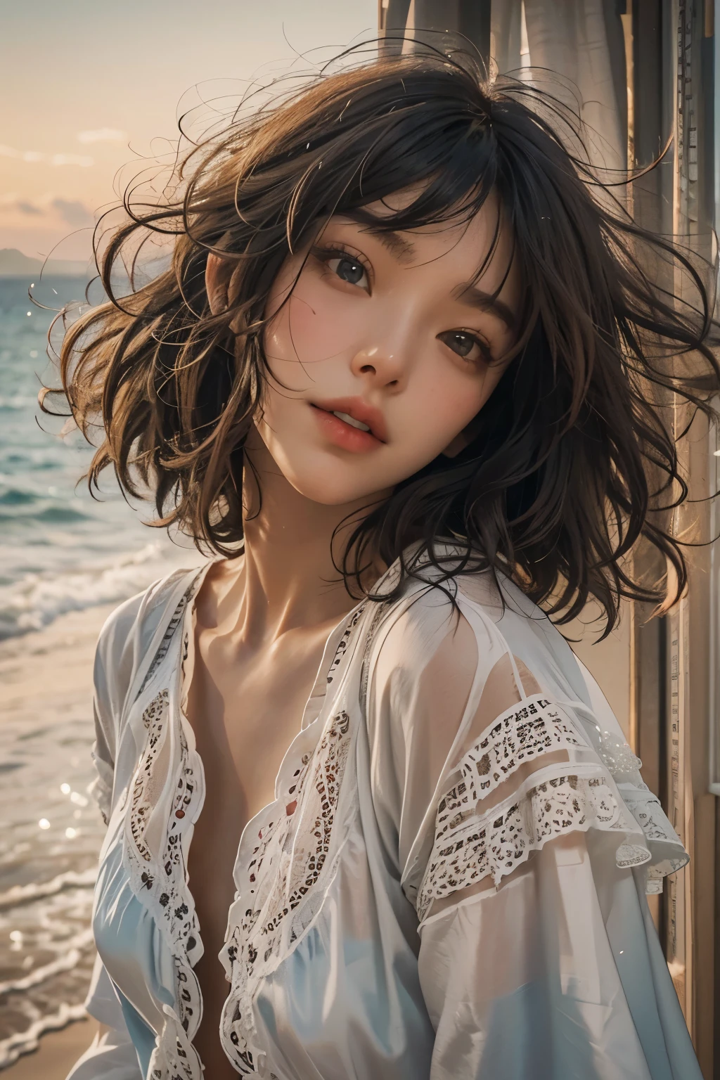 Araped woman with short hair and rash guard, board shorts, curtain bangs, No makeup, wavy hair, Madison Beer, without makeup, 중앙에서 분리된 curtain bangs, Profile picture, Use Instagram Filters, Subtle soft and dim light, Pose looking back at the beach, sandy beach, tide, perfect face, julia sardinian, perfect hands, Random Actions, coastline, clear sky, 