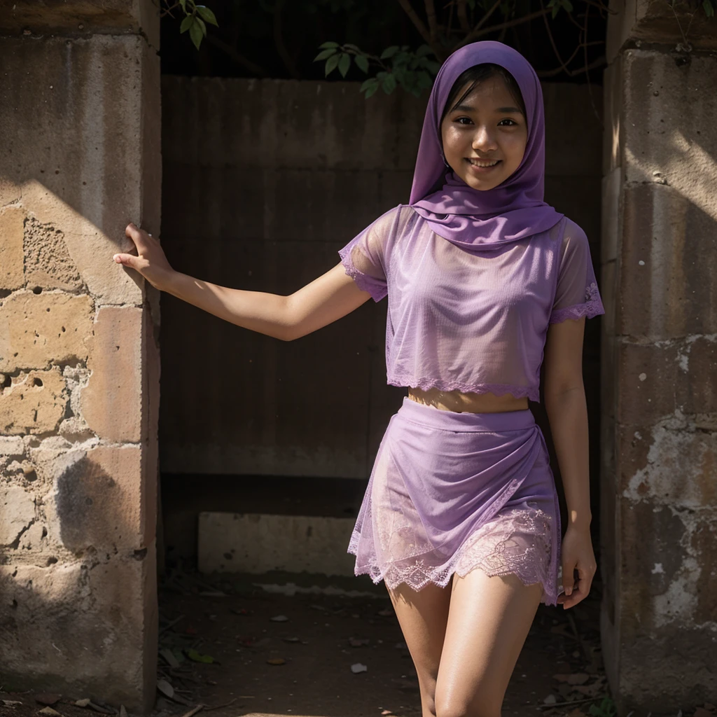 A 19 years old Indonesian girl in light violet hijab, wearing very short light violet lace tight t-shirt, wearing very short see-through light violet lace skirt, skirtlift, villager, poor girl, darker skin, curvier body, short body, small breasts, flat-chested, smiling and standing in a dark forest, look to the viewer with eye close