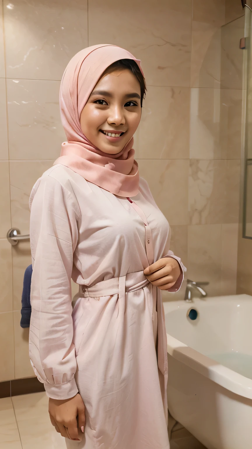 ((best quality)), ((masterpiece)), (detailed), 4K, perfect face, 25 years old malay woman wearing hijab, pink hijab, bathroom, changing cloth, smiling face, standing,