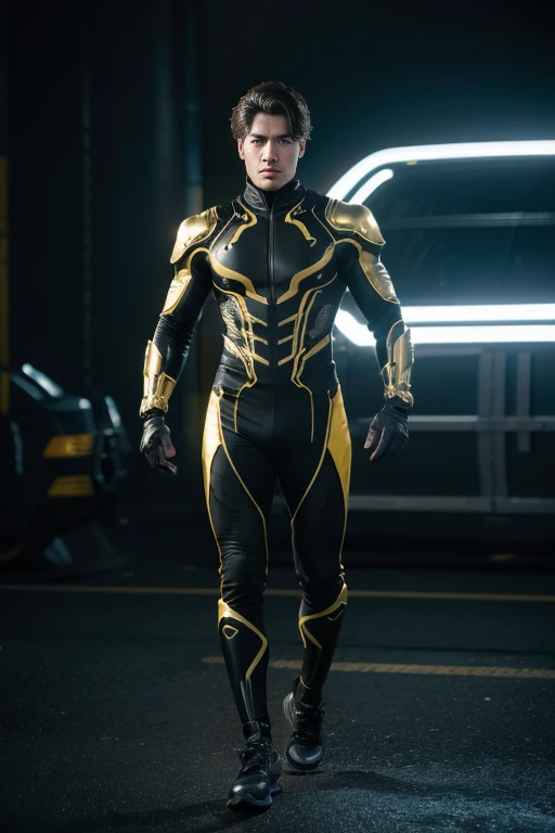 Full full body a handsome hunky celestial Stinger boy wearing a yellow and black wave filigree latex spandex and gloves  standing firmly face frontal camera focus asymmetrical face details,charachter, beautiful, devian art, trending artstation, digital art, detailed, realistic, humanoide, character,cinematic sho ,cinematic lights, high textures, high resolution, dreamlikeart, 8k, highly detailed, stabilized diffusion. Detailed face and fingers.
