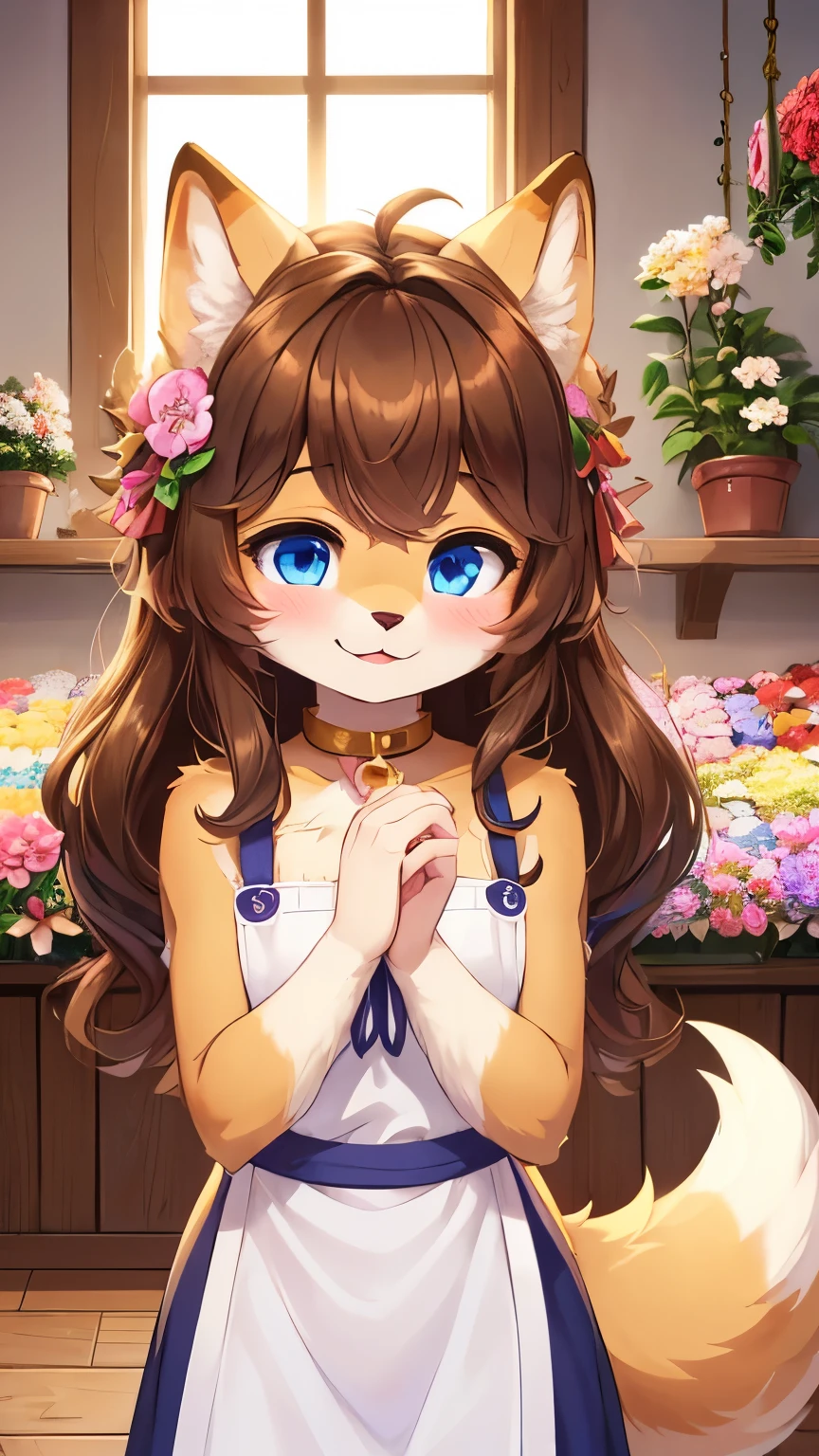 best quality,best resolution,(fluffy anthro furry :1.6),(young :1.6),dog girl,dark brown lomg hair,wavy hair,blue eyes,glistering eyes,sparkle eyes,gold canine ears,gold dog tail,gold fur,neck fur,small bell collar,flower hair ornament,white naked apron,raffles,beautiful flower shop,flowers surrounded,white light,looking at viewer,full face blush,shy pose,sexy smile,upper body only,heart eyes,heart expression eyes,armpits fur,one eye closed,twisted body