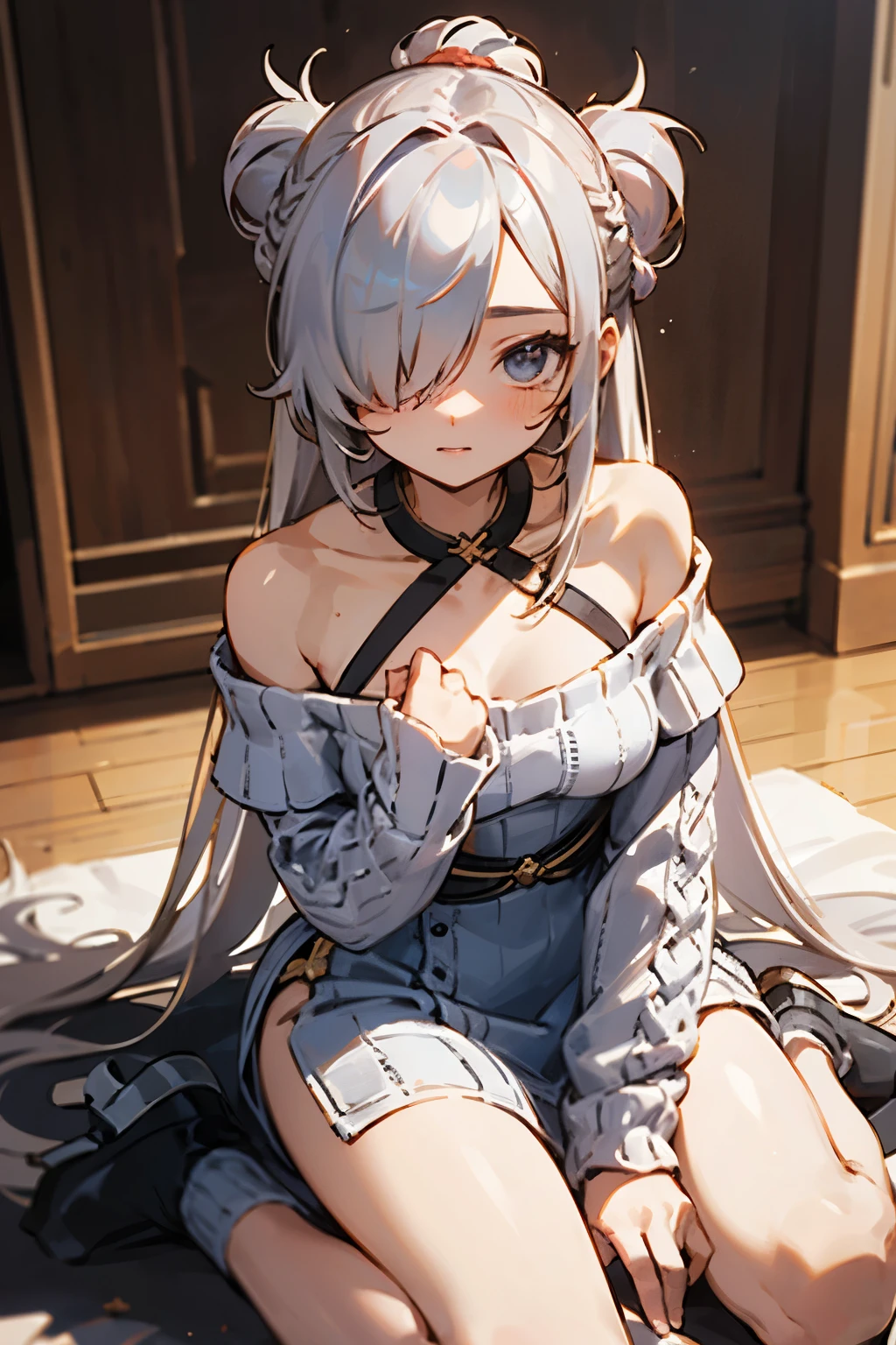 White hair, long hair, blue eyes, medium breasts, large magical collar, slave, fox girl, thickly furred tail, servant, sexy, cute, confident look, tied up, in a dungeon, nude, bondage, wooden horse