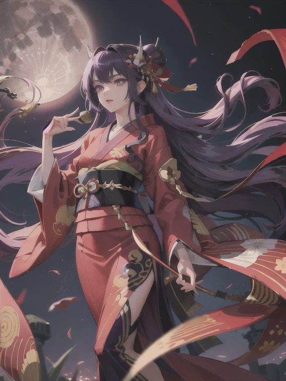 1girl、long hair、long purple hair、dark purple hair、long flowing hair、long hair to the feet、wearing a kimono、red kimono、long kimono、flying kimono fabric、purple eyes、cold eyes、cold、sharp sharp、beautiful face、purple eye shadow、night sky view、festive night sky、overcast、poetic、dark、moon、crescent moon、 red kimono、long kimono、hair long、hair perple、