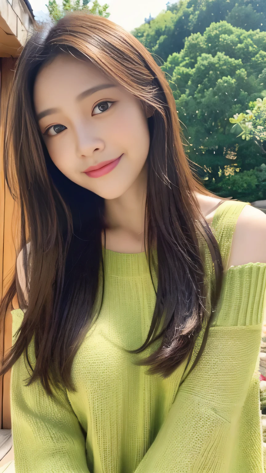 ((highest quality, 8K, masterpiece:1.3)), concentrated:1.2, Perfect body beauty:1.4, Hips:1.2, ((Delicate Hair)), (Colorful Solid Cold Shoulder Oversized Sweater、 :1.1) , ((highest quality、8K、masterpiece:1.3))、1 Girl、A sloppy smile、Esbian all over、Slim face、Big 、Beautiful woman、(Dark Brown Hair)、、1.1、Flickering Valley、Detailed eyes、double eyelid、Blurred Background、超Slim face、Looking down、garden、