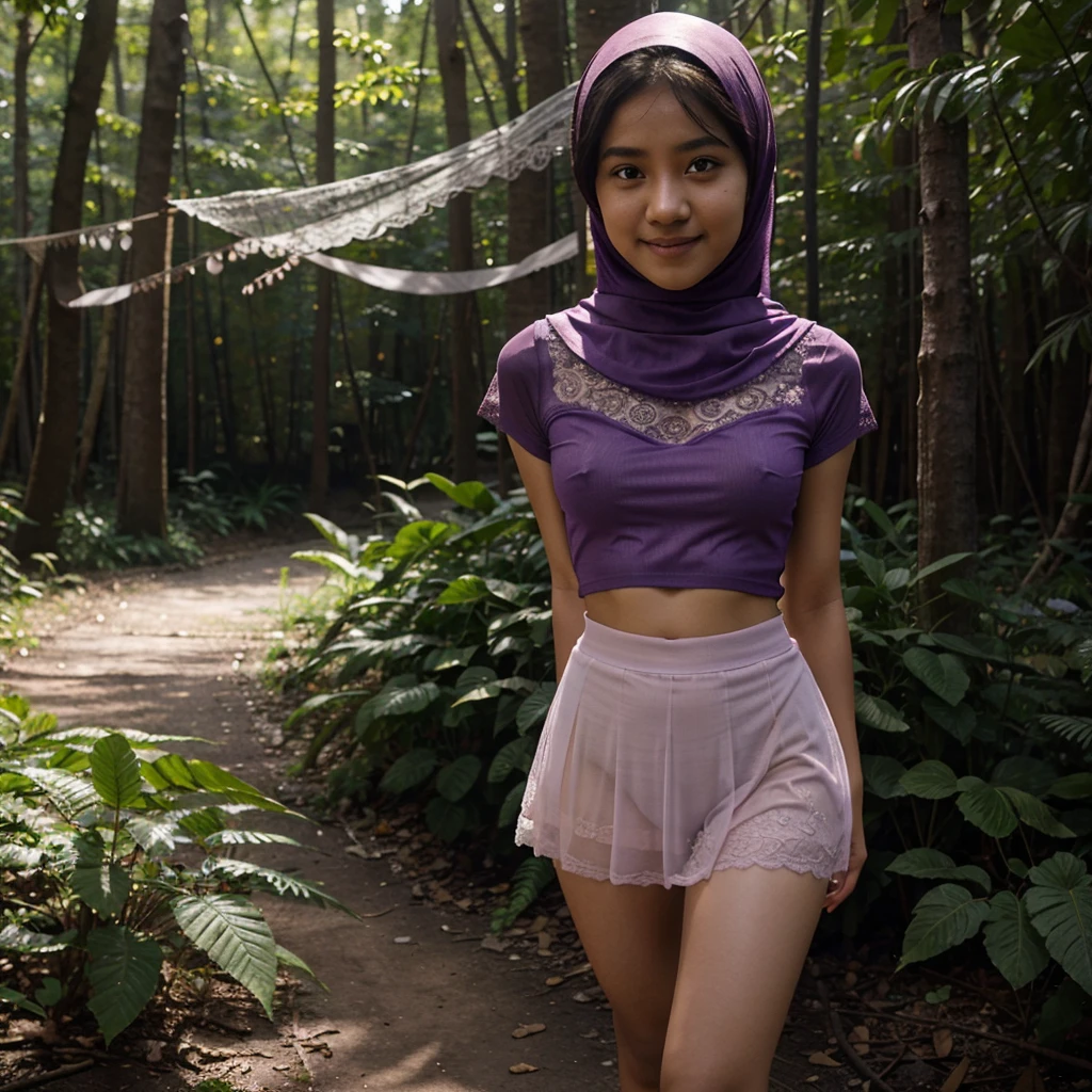 A 19 years old Indonesian girl in light violet hijab, wearing very short light violet lace tight t-shirt, wearing very short see-through light violet lace skirt, skirtlift, villager, poor girl, darker skin, curvier body, short body, small breasts, flat-chested, smiling and standing in a dark forest, look to the viewer with eye close
