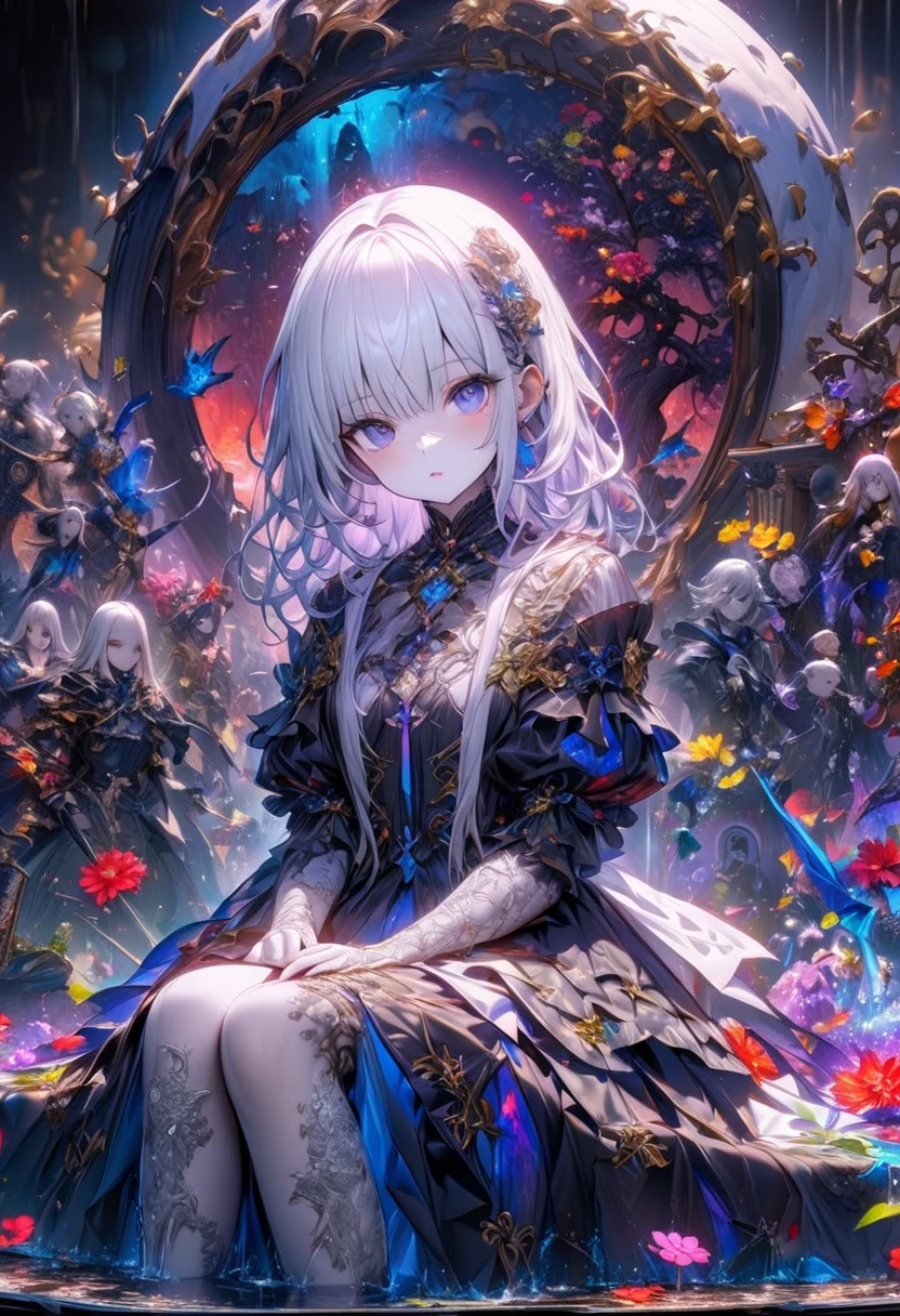 Red Eyeasterpiece), (highest quality), figure, Very detailed, High Dynamic Range, Depth of written boundary, (colorful), ,,This is a masterpiece that exudes exceptional quality. The figure is ultra-detailed, Use HDR technology to create a sense of depth. The theme is original, beautifully, Beautiful artwork, Bright colors,Full of fantasy elements. girl sitting near the deep sea, surrounded by running water, The background is the dark blue World Tree., located in the cemetery. 宁静梦幻的氛围赋予整个场Depth of written boundary情迷人的气质. her pale complexion, , silver hair decorated with flowers,Create stunning portraits. she is wearing ta style fashion, poker face,shut up. The background is white, transparent, loop options, 半transparentの青い蝶も飛んでいます,add vitality.