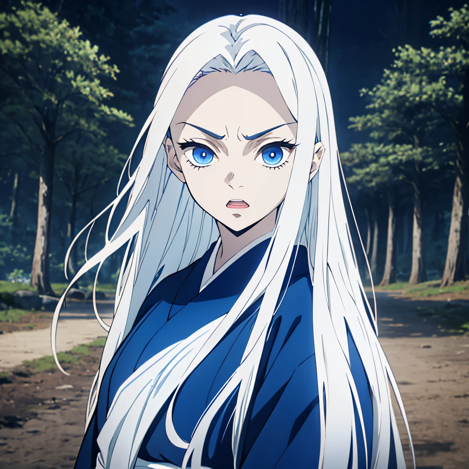 (1 girl, White long straight hair, blue eyes), blue kimono, white hair, (from front), face focus, ((opened mouth)), angry face, (half-up half-down hairstyle), Japanese animation color style, vivid colors, from front, front shot, night time, (************ girl), angry, dark forest, trees, mountain, holding the katana, japanese sword