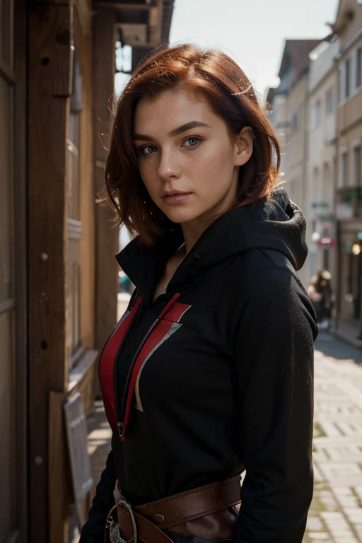 (realistic oil art, image up to the waist, 20-year-old princess, British, black eyes, vibrant look, redhead, short hair), ezio auditore tunic, hooded, black, brown, red details, ornaments, freckles on 10% of the cheekbone, perfect face, critical camera, blurred background, warm light, more details in clothing, strong leftovers, mystery pose
