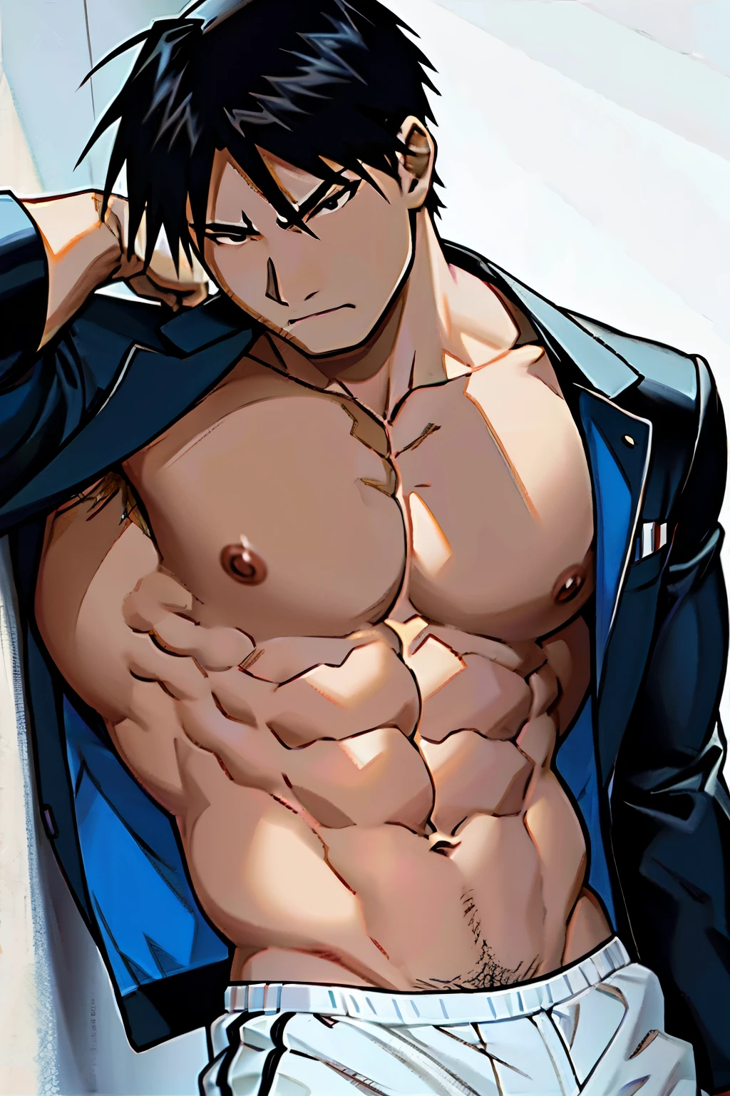 Roy Mustang from Fullmetal Alchemist, very attractive Chico, Pelo negro, joven man, solo, raised muscle, hermosa musculatura, aesthetic stretch marks, Inspiring physique, lean muscle, pectorales cuadrados, hermoso cono en v, grandes abdominales y torso, mono brillante, parado frente, Listo para pelear, Pixiv mejor valorado, lleva un mono, mono muy ajustado, Abdominales cincelados, pectorales cincelados y su cuello voluminoso, cintura estrecha, white sclera, human, hermoso rostro, joven, mirando al espectador, traje de latex negro