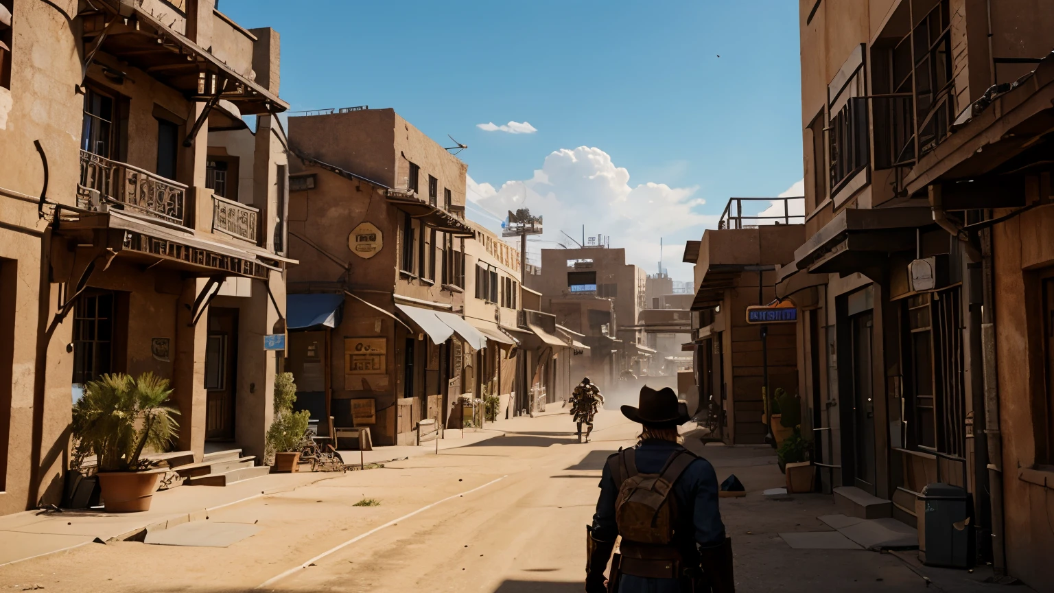 a visual in PC monitor of a Turn-Based Tactic video game in Third person shooter when player controlling one of the character, the character is a cowboy, with the background is a western steampunk bustling desert city with steam-powered factories, clockwork gadgets, fantasy high-tech steam technology in buildings