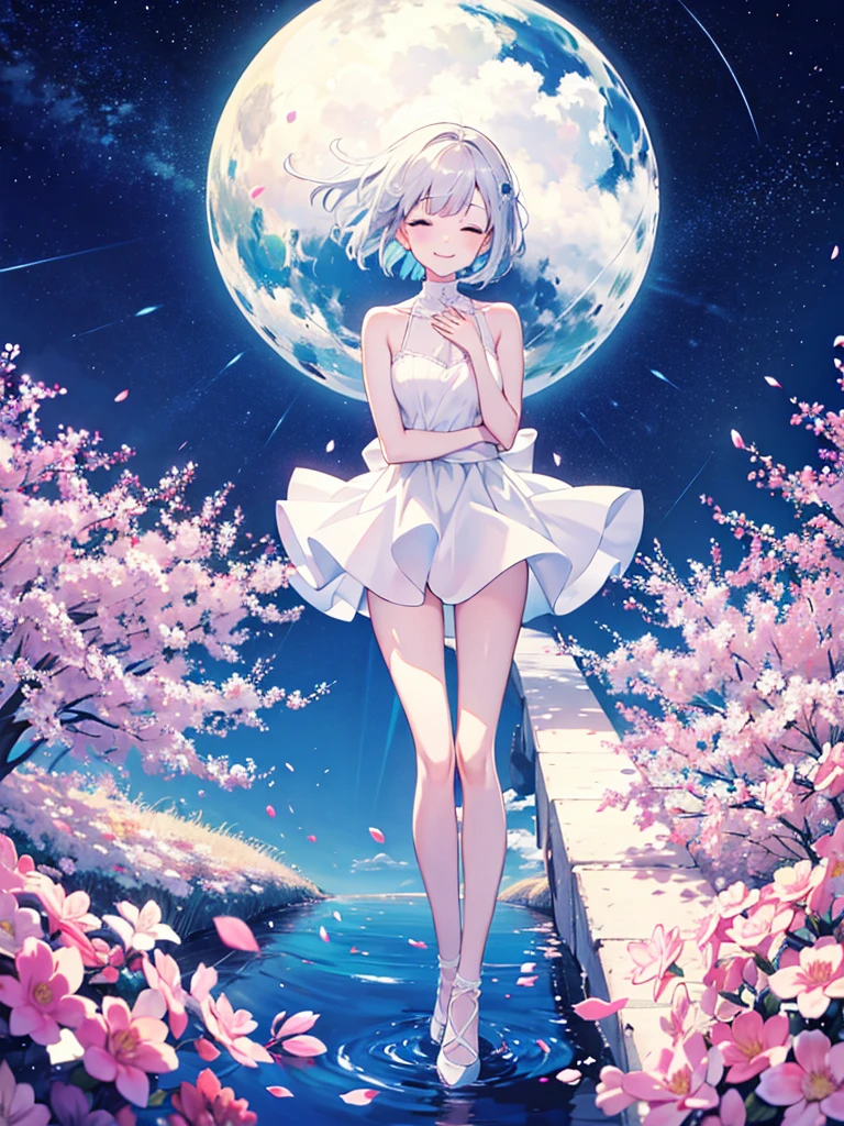 a girl, full body, high angle shot, white bob hair, white dress, eyes closed, smiling, head straight staring into the viewers, crossing hands on chest, straight legs position, straight body position, warm light, blue sky, standing in the middle of a colorful flowers garden