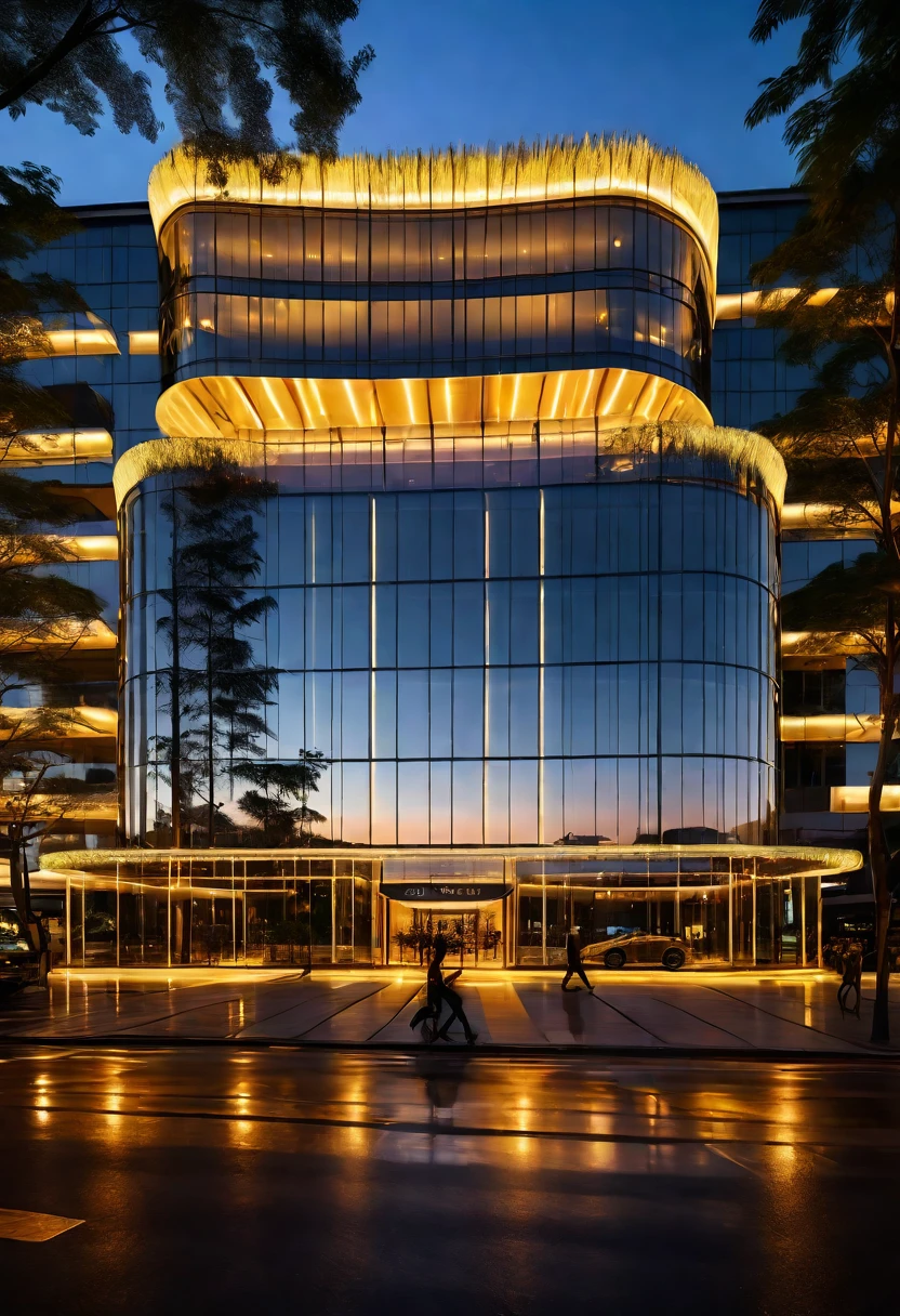 luxury entrance gate, luxury icon in public space, (glass facade with high reflection:1.2), (sunset time:1.2), plenty of cars and people, luxury ambience, luxury building surrounding, (neon light outline the building:1.2), (neon light on the street:1.2), (bright lighting at parapet:1.4), warm lighting, (plenty of high trees in front of building and surrounding:1.2) enhance the background with an artistic touch that reflects the beauty of nature RAW Photo, RAW texture, super realistic, 32K UHD, DSLR, soft lighting, high quality, film rating, Fujifilm XT3 