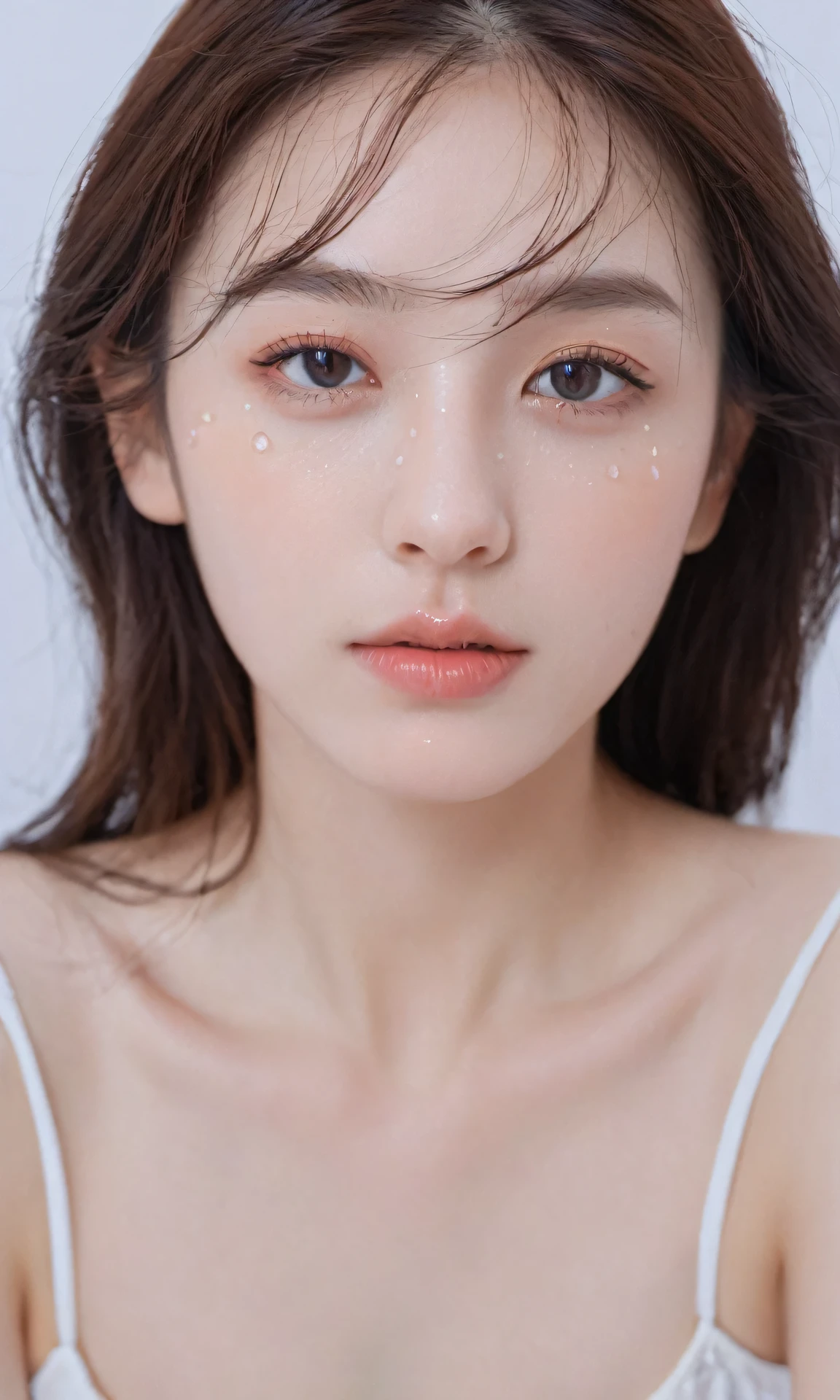 xxmixgirl, analog style, eye focus, highest quality, (highly detailed skin), photo of a exquisitely beautiful pale skin, 21yo, perfect face, alluring eyes, (seductive makeup: 1.3), skin pores, (bokeh:1.5), sharp focus, dappled lighting, (backlighting), film grain, (highly detailed, intricately detailed), 8k, HDR, front view, studio light, Ultra-detailed face, Detailed eyes, (Double eyelid: 1.4), Alice toggle, brown eye, (commercial: 1.4), 1girl wet tshirt water drops, (splash detailed), (seductive makeup), (sunkissed), ((white studio background))