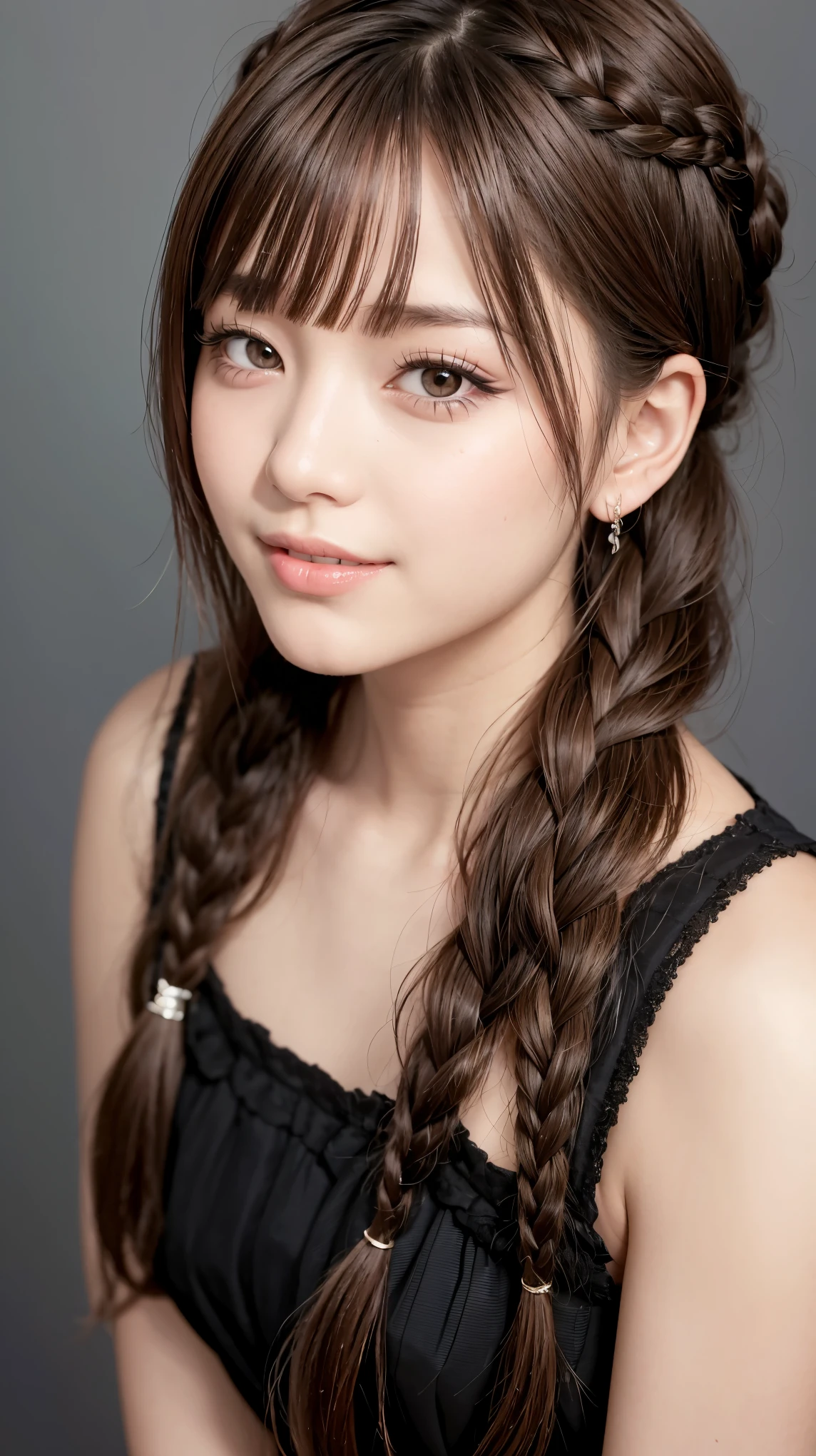 Realistic, masterpiece, highest quality, Highest resolution, One Japanese woman, Happy smile, Detailed and beautiful eyes, Iris, Sparkling eyes, Sharp Eyes, Thin eyebrows, Gives your eyelashes a delicate finish, False eyelashes, Natural Makeup, (Braided Hair, Blunt bangs, brown hair:1.2), Detailed face, She is looking slightly to the side, Always watching the audience, Grinning, cheeks pink, Gothic clothing for warm weather, Upper body photo, Portrait background