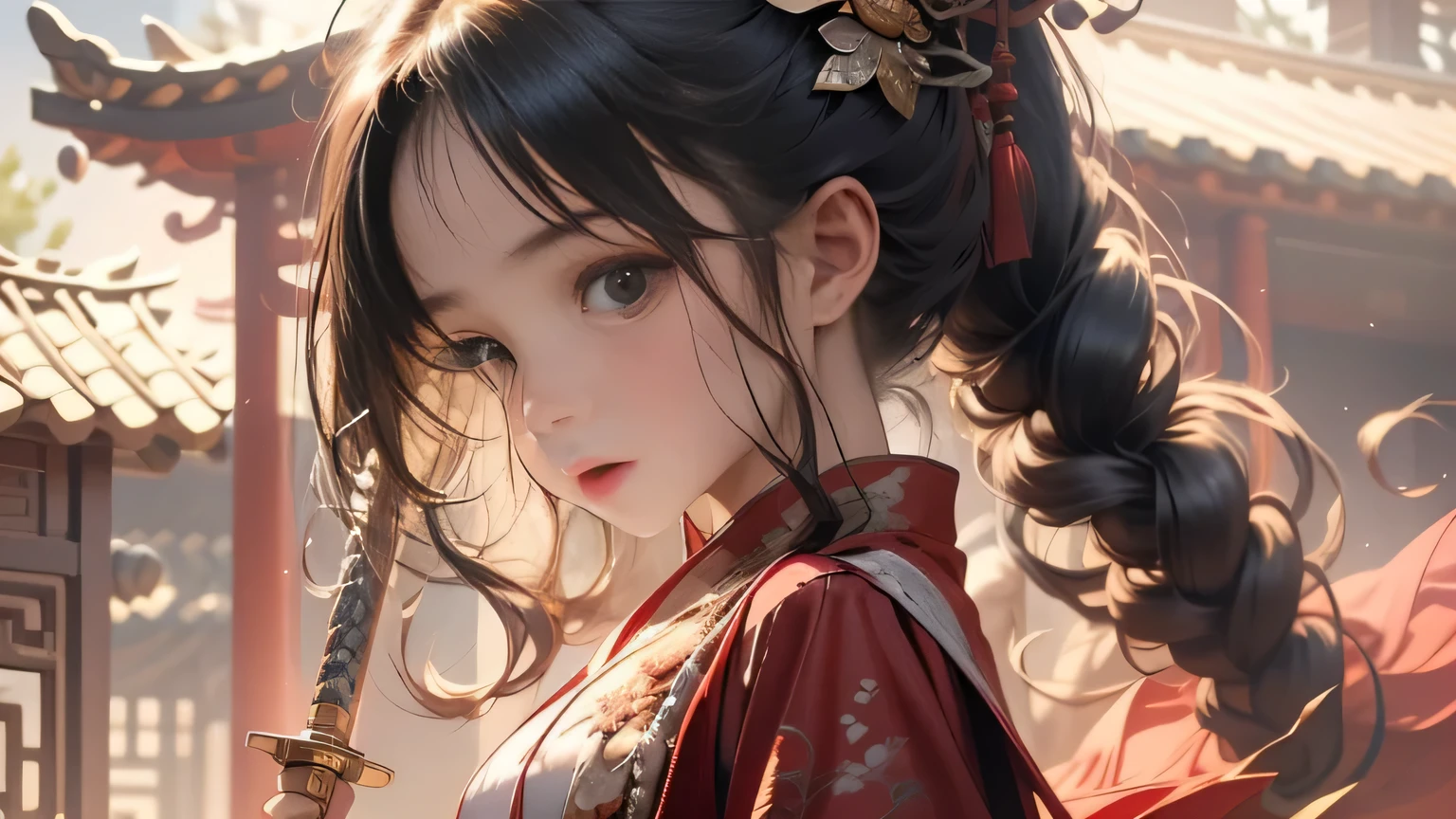 China,Cottages,A girl of 3 yrs olace,cute,Black long hair,Wearing pink Hanfu,skirt,Holding a dagger in hand,Gesturing in the air,whole body