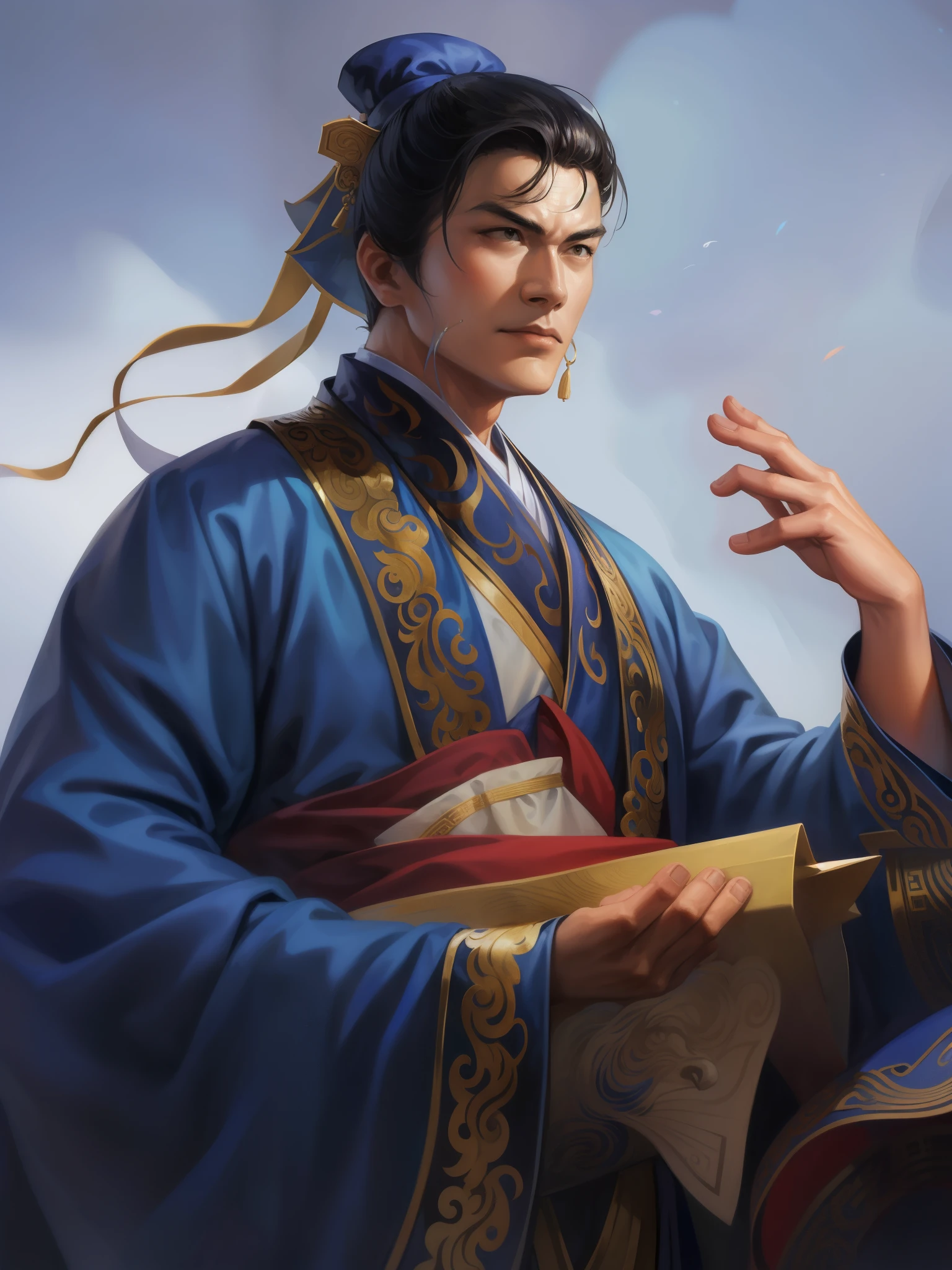 Alafd image，A man in a blue robe holds a scroll, inspired by Cao Zhibai, Inspired by Dong Yuan, inspired by Fan Kuan, Inspired by Wu Li, Inspired by Zhao Yuan, Inspired by Li Tang, heise jinyao, inspired by Guan Daosheng, Inspired by Zhu Derun, Inspired by Zhou Fang