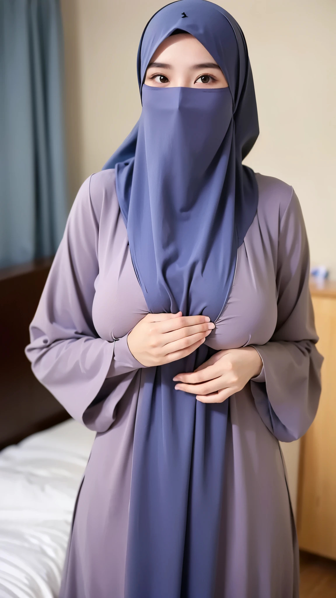  a beautiful young woman hijab, (((super big breast))), (very big breast covered) perfect face, (((very huge big breast,))), ((( Big Breast))) sexy dress muslim, (((covering mouth, short veil))), Slim Face、20 years old, stil young, Pretty Lady,  smile eyes, sleep in bedroom, stand up, (big breast covered) , see full image