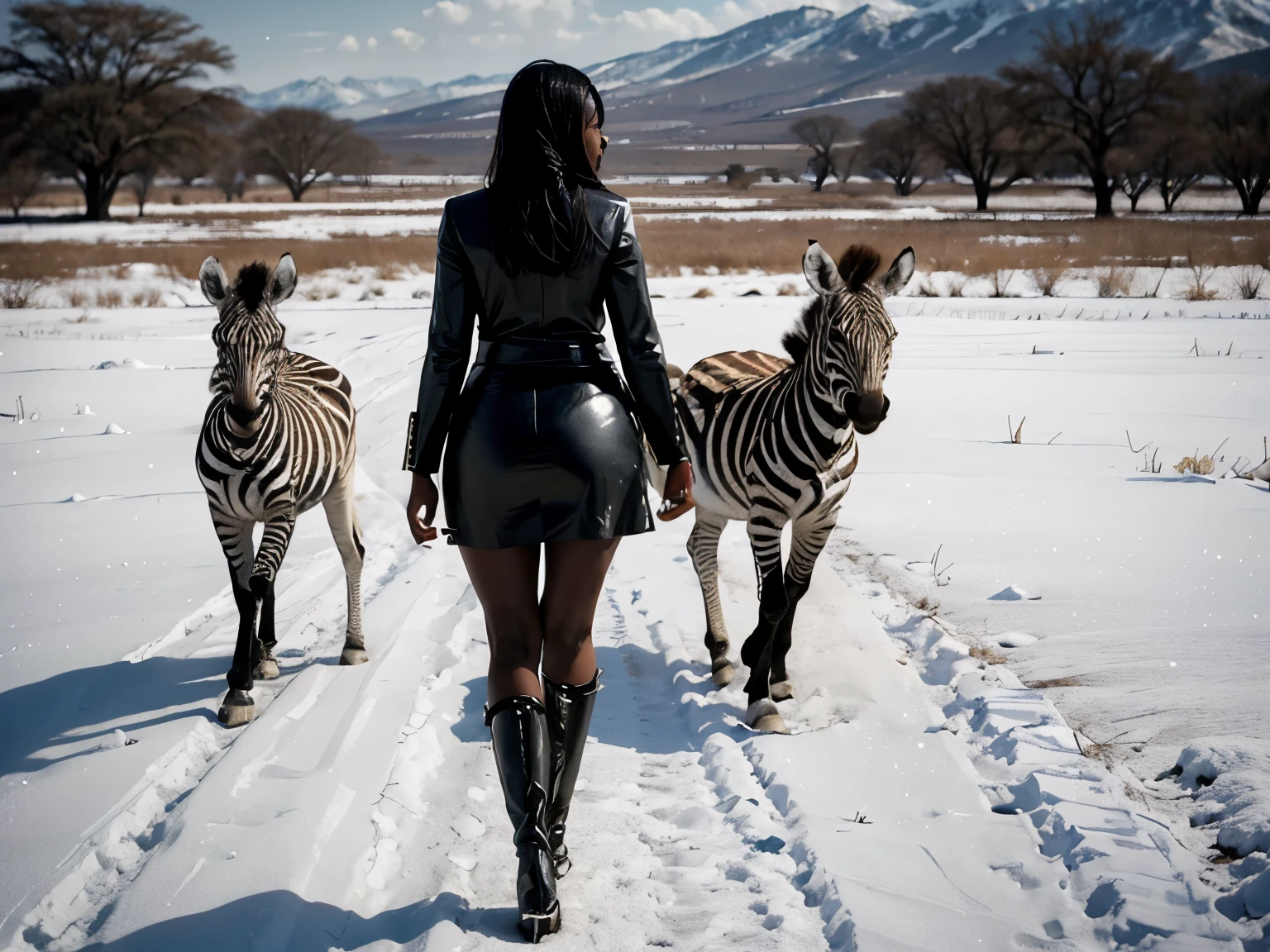 a shapely African woman walking in a field next to a zebra in a empty snowy landscape, both close up and highly contrasted
