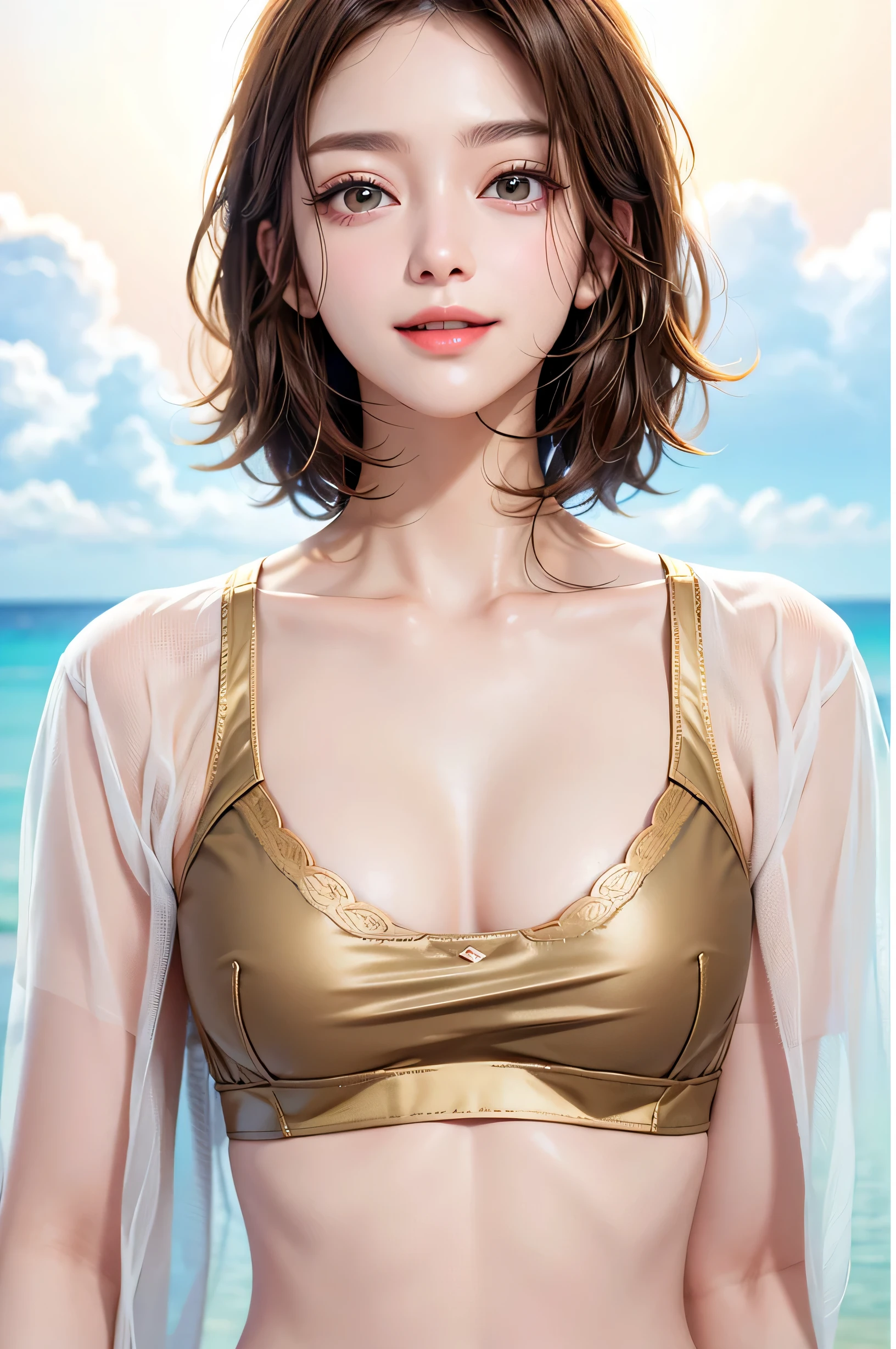 Please keep looking at me、Bright screen、light brown medium bob hair、8K、outdoor、blue sky、Upper body、Photographed alone、40 years old、smile、