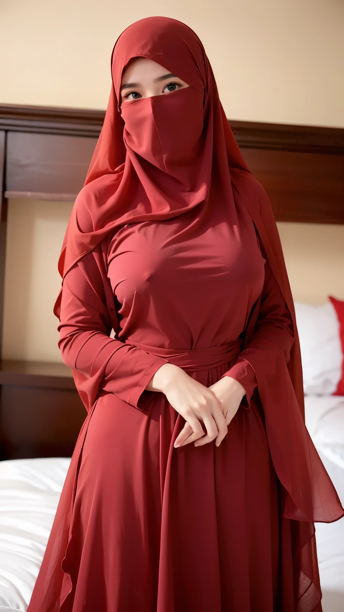a beautiful young woman hijab, (((super big breast))), (very big breast covered) perfect face, (((very huge big breast,))), ((( Big Breast))) taut crimson red micro dress muslim, (((covering mouth, taut veil))), Slim Face、20 years old, stil young, Pretty Lady, smile eyes, sleep in bedroom, stand up, (big breast covered) , see full image