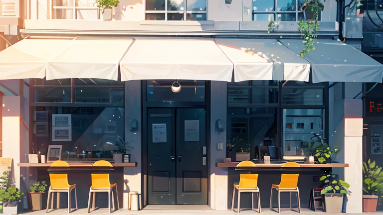 Exterior of a coffee shop in town, boasting a simple and modern design, boasts bright colors that catch the eye, radiating a strong sense of cleanliness. Natural light pours in through the window, casting gentle shadows on the interior. Green plants are artfully arranged, adding a touch of the outdoors and a feeling of freshness. The outdoor terrace invites patrons to enjoy their coffee in the sun or under the shade of an umbrella. A clear and legible cafe sign proudly displays the name of the establishment, welcoming passersby. The pleasant atmosphere envelops visitors, instilling a sense of peace and tranquility. This quiet place is the perfect respite for