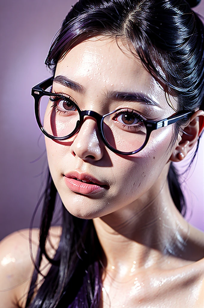 realistic,( photo-realistic), ultra hires, (masterpiece, top quality, best quality, official art, beautiful, raw photo, (high detailed skin:1.2), detailed woman face, kafka, purple eyes, purple hair, eyewear on head, long eyelashes, delicated eyebrows, beautiful lips, high detailed eyes