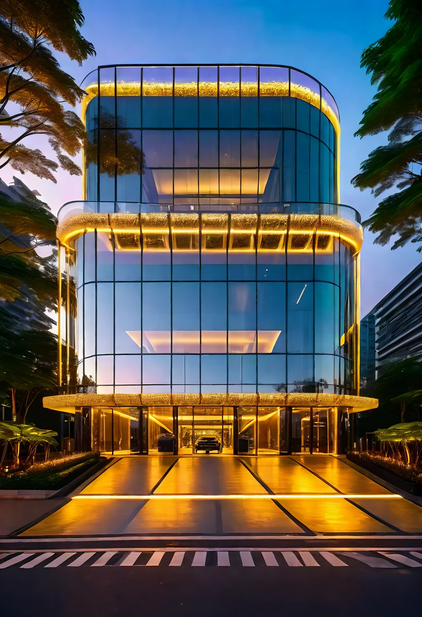 luxury entrance gate, luxury icon in public space, (glass facade with high reflection:1.2), (sunset time:1.2), plenty of cars and people, luxury ambience, luxury building surrounding, (neon light outline the building:1.2), (neon light on the street:1.2), (bright lighting at parapet:1.4), warm lighting, (plenty of high trees in front of building and surrounding:1.2) enhance the background with an artistic touch that reflects the beauty of nature RAW Photo, RAW texture, super realistic, 32K UHD, DSLR, soft lighting, high quality, film rating, Fujifilm XT3 