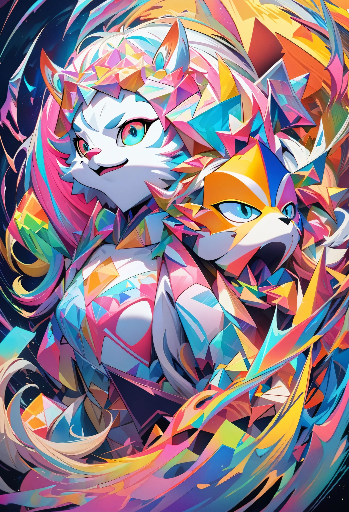 top quality, best quality, Cubism, High-quality illustrations by Pablo Ruiz Picasso, masterpiece(kemono, angelic cute 1girl, solo, furry anthro)The use of abstract and unreal shapes or forms, multidimensional depiction of objects through elements of Cubism, vibrant and lively color palette, complexity of shapes achieved through the unique use of lines, powerful expression of emotions and thoughts, new visual interpretations through the deconstruction and reconstruction of forms, visual impact created by the distortion and transformation of motifs, utilization of expressive brushstrokes and textures, unconventional composition and treatment of space, manifestation of rich imagination and creativity,