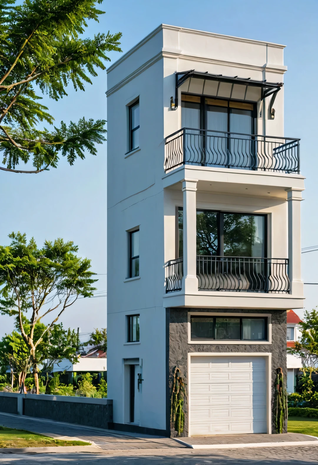 Raw photo,Masterpiece, high quality, best quality, authentic, super detail, 8k uhd, (realistic:1.2)
exterior, outdoors, clear sky, day, tree, blue sky, window, grass, ground vehicle, building, motor vehicle, car, road, bush, street, aiaigroup, townhousevn, neo-classical architecture style, balcony, gate, tree on the balcony, classic architecture, white wall, residential neighborhood,sidewalk trees, plant and tree