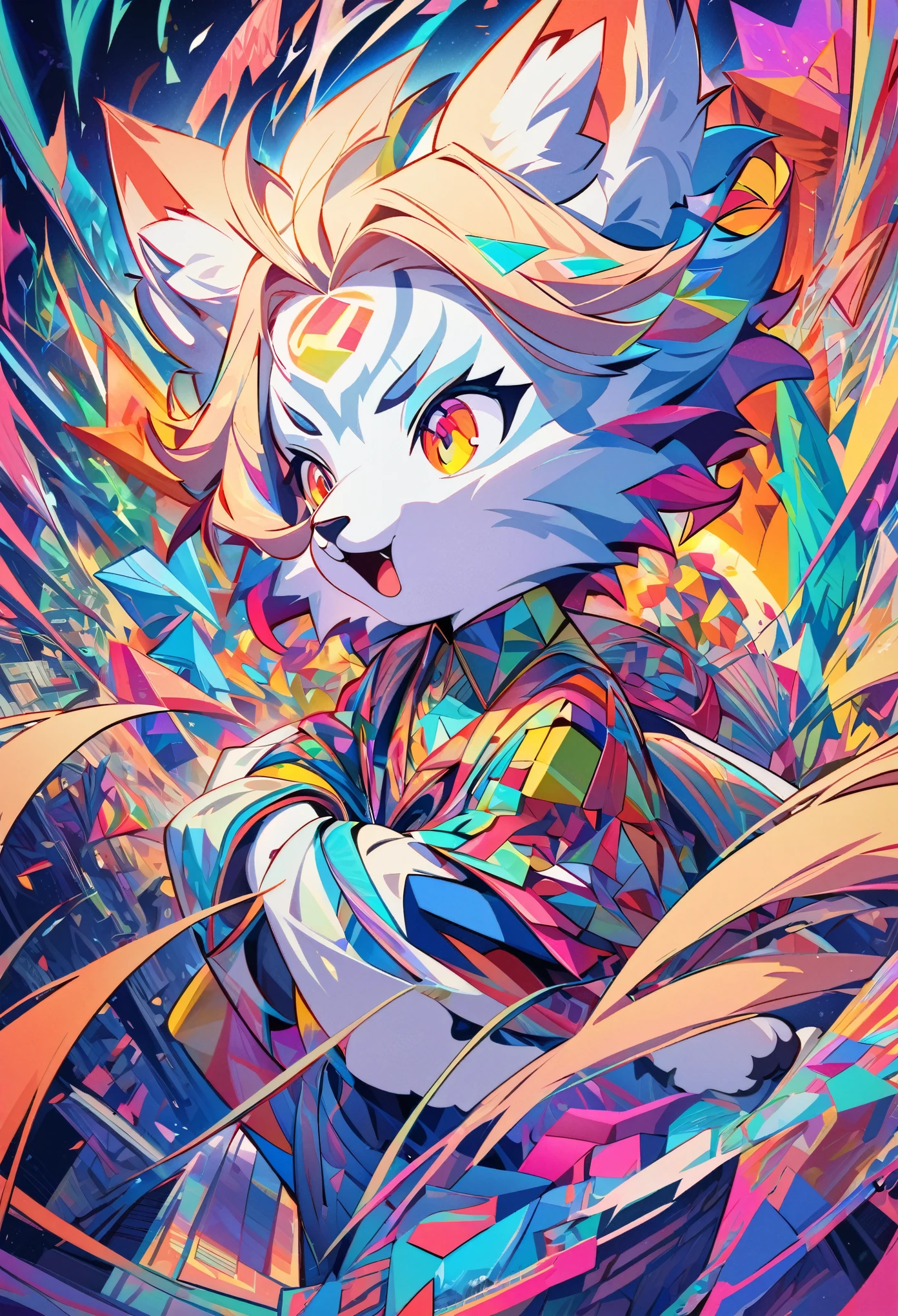 top quality, best quality, Cubism, High-quality illustrations by Pablo Ruiz Picasso, masterpiece(kemono, angelic cute 1girl, solo, furry anthro)The use of abstract and unreal shapes or forms, multidimensional depiction of objects through elements of Cubism, vibrant and lively color palette, complexity of shapes achieved through the unique use of lines, powerful expression of emotions and thoughts, new visual interpretations through the deconstruction and reconstruction of forms, visual impact created by the distortion and transformation of motifs, utilization of expressive brushstrokes and textures, unconventional composition and treatment of space, manifestation of rich imagination and creativity,