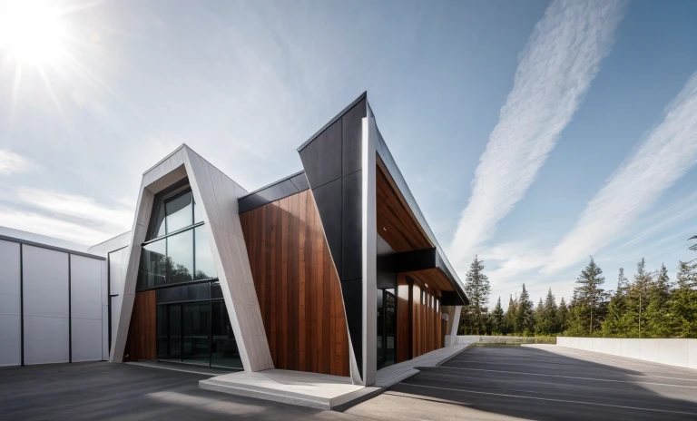 Elevation exterior church, contemporary style, white wall, wood wall, wood door, glass window, (realistic:1.2), Masterpiece, high quality, best quality, authentic, super detail, outdoors,road,pavement, grass, trees, sky, cloud, (daylight:1.1)