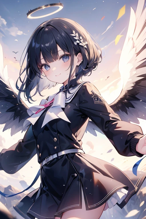 (masterpiece:1.3), (absurdres:1.3), (best quality:1.3), (ultra-detailed:1.3), 1girl, outdoors, upper body, looking at viewer, smile, dynamic pose, ichikaid, arm band, bangs, halo, long sleeves, black wings, black serafuku, long sleeves,  