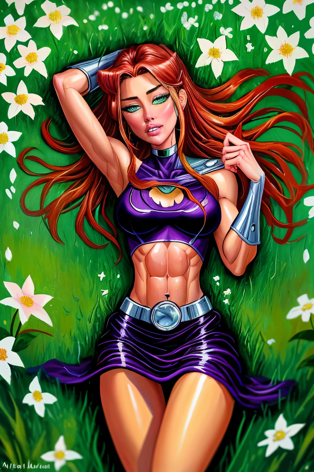 (oil painting:1.1), ((amber heard)), ((starfire)), dc comics, red hair, (orange skin), a woman with long orange hair and white flowers in her hair is laying down in a field of white flowers, (a detailed painting:0.353), (gothic art:0.106), slendered abs, beautiful details