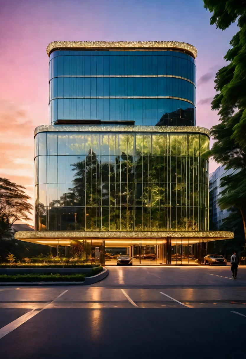 luxury entrance gate, luxury icon in public space, (glass facade with high reflection:1.2), (sunset time:1.2), plenty of cars and people, luxury ambience, luxury building surrounding, (neon light outline the building:1.2), (neon light on the street:1.2), (bright lighting at parapet:1.4), warm lighting, (plenty of high trees in front of building and surrounding:1.2) enhance the background with an artistic touch that reflects the beauty of nature RAW Photo, RAW texture, super realistic, 32K UHD, DSLR, soft lighting, high quality, film rating, Fujifilm XT3 