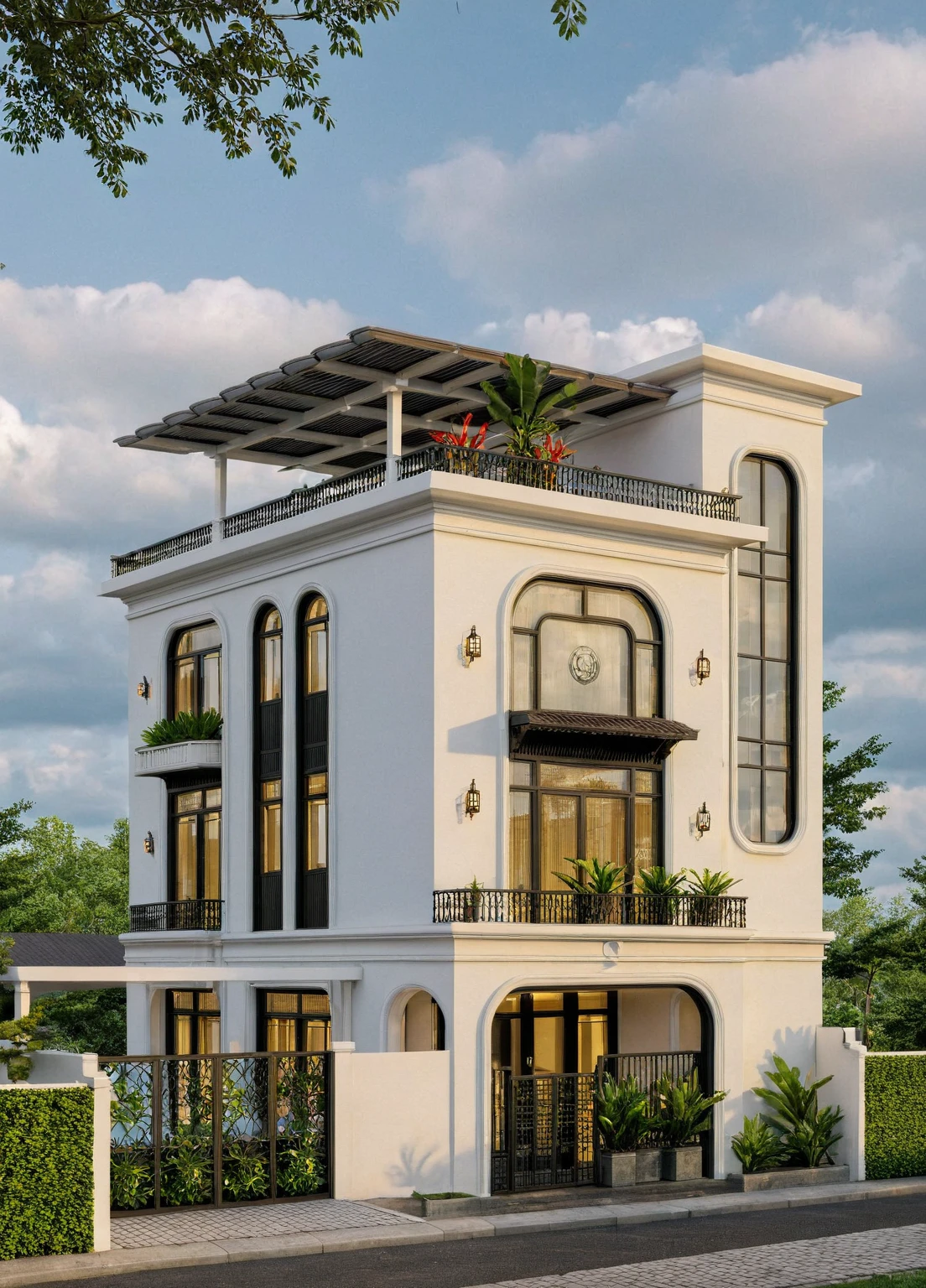 Raw photo,Masterpiece, high quality, best quality, authentic, super detail,
exterior, outdoors, house style indochine on the street ,aiaigroup
road,pavement, grass, trees, sky, cloud, (day:1.1)