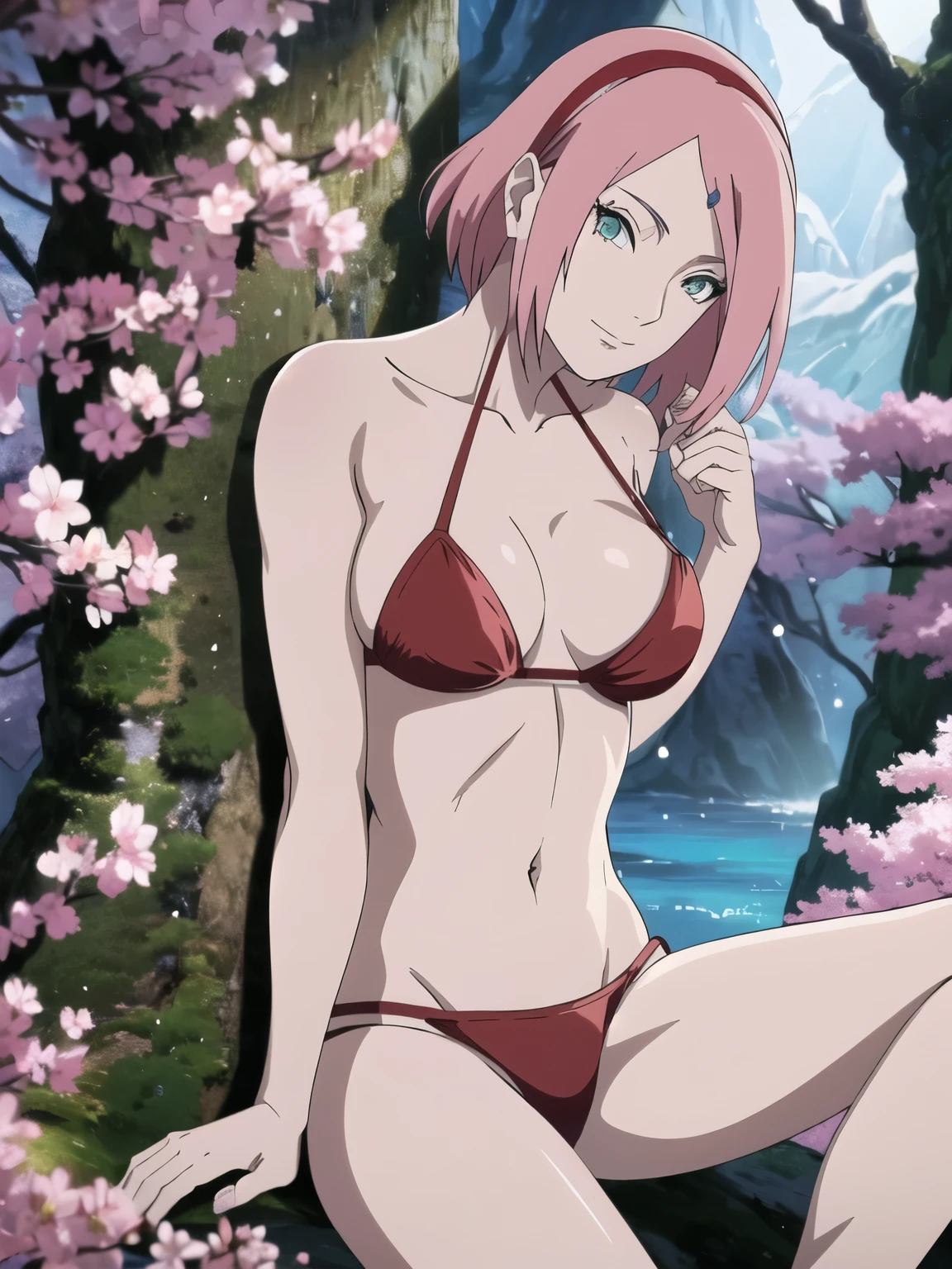 anime style, solo, 1 woman, from right, close view, (hand leaning, laying on tree, brushing hair), super ultra details, bold drawing lines, very high resolution, perfect anatomy, ultra detailed face, high vibrance, (blue light), ((cold colors)), 1girl, haruno sakura, (slim body, pale skin, thin belly , off-shoulders, biceps, toned arms, leaning forward, very pale skin, forehead mark, leg strap, hand leaning), ((red string bikini, red hair band)), looking at viewer, (cherry blossom), floating hair, big smile, cowboy shot, (reddish hair, detailed hair, missy hair, short hair, scattered hair), spring time, attractive colors
