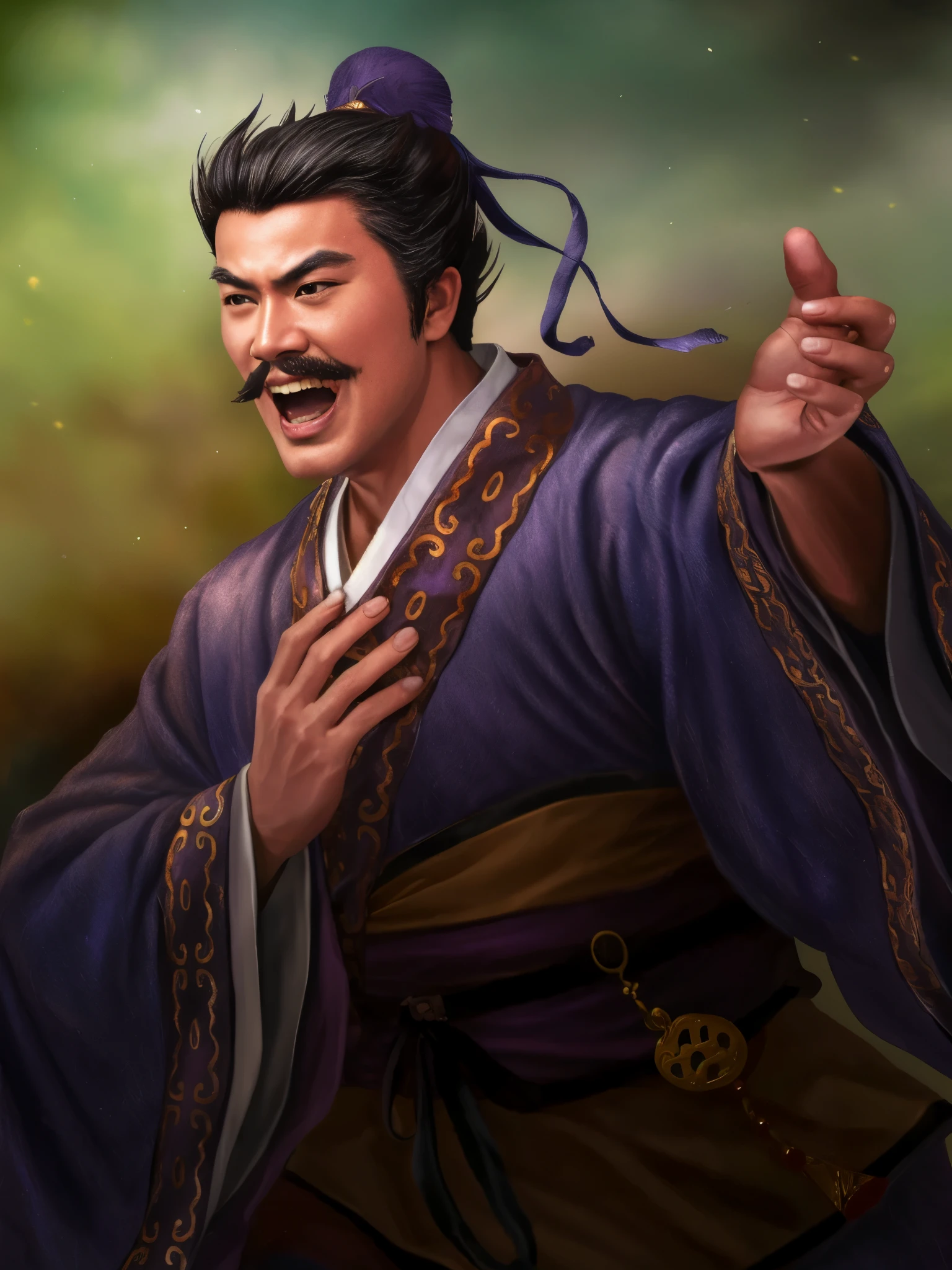 Wearing a purple robe、Alafud image of a man with a mustache, inspired by Cao Zhibai, inspired by Wu Daozi, Inspired by Zhang Wo, Inspired by Dong Yuan, Inspired by Emperor Xuande, inspired by Guan Daosheng, Inspired by Wu Bin, inspired by Zhao Mengfu, Inspired by Zhu Derun, Inspired by Li Kan