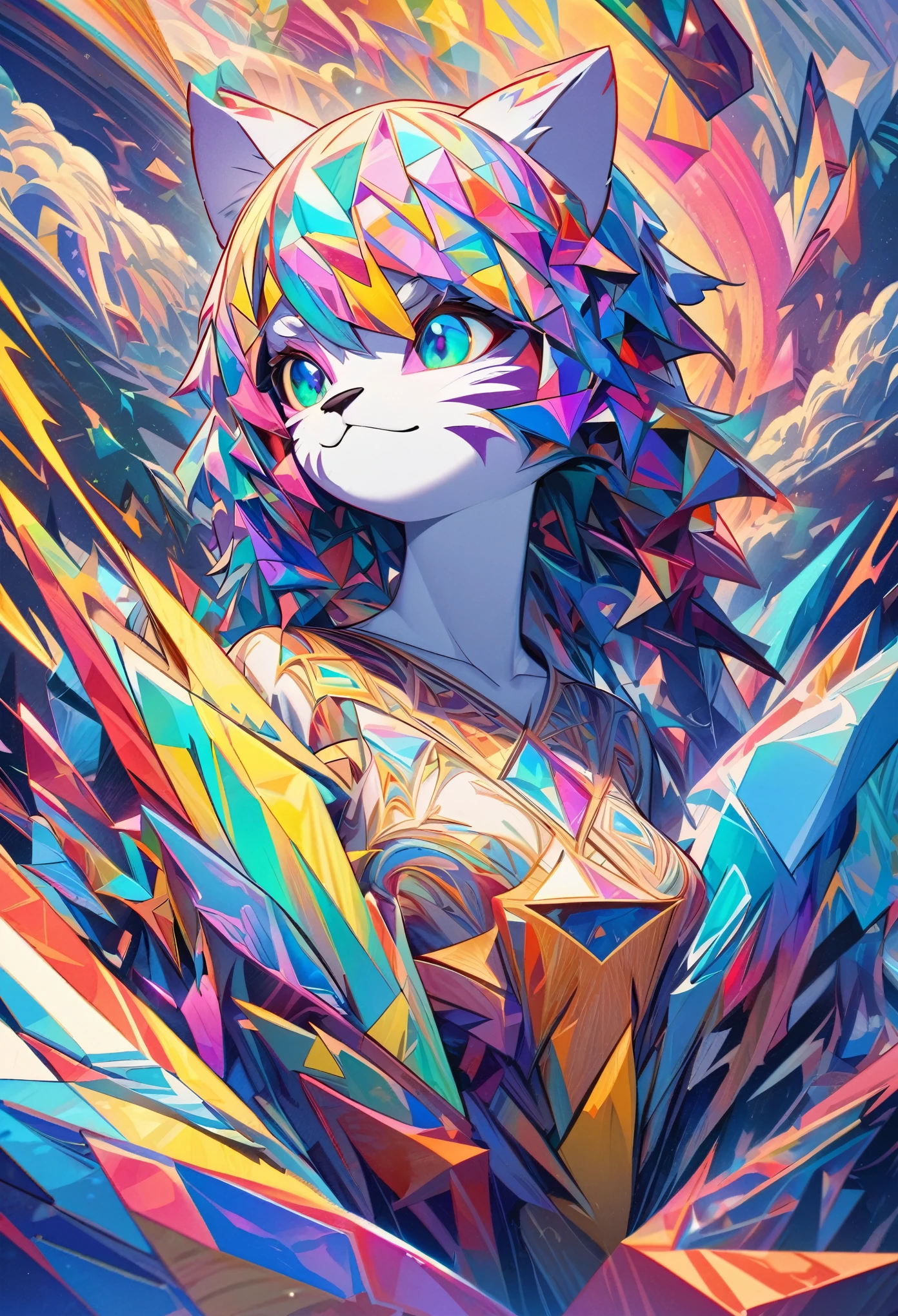top quality, best quality, Cubism, High-quality illustrations by Pablo Ruiz Picasso, masterpiece(kemono, angelic cute 1girl, solo, furry anthro)The use of abstract and unreal shapes or forms, multidimensional depiction of objects through elements of Cubism, vibrant and lively color palette, complexity of shapes achieved through the unique use of lines, powerful expression of emotions and thoughts, new visual interpretations through the deconstruction and reconstruction of forms, visual impact created by the distortion and transformation of motifs, utilization of expressive brushstrokes and textures, unconventional composition and treatment of space, manifestation of rich imagination and creativity,