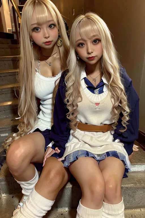 Photorealistic perfect body、Best image quality、Realistic super high quality、ultra high quality face、(Japanese women:1.4)、(with two girls:1.4)、(Normal chest:1.5)、(Cleavage:1.5)、(Schoolgirl Uniform:1.5)、( Ultra mini skirt:1.5)、(look at the socks:1.4)、Tight waist、(Blonde:1.5)、(Curly Hair:1.5)、(Perm Hair:1.5)、(sleek bangs)、(Gal-style thick eyeliner:1.1)、(Long eyelashes:1.1)、(False eyelashes:1.1)、Gal-style makeup、Gal-style earrings、Gal style bracelet、(Gal-style triple necklace:1.2)、Sit on the stairs、Spread your legs、Browsing Caution、M-shaped feet