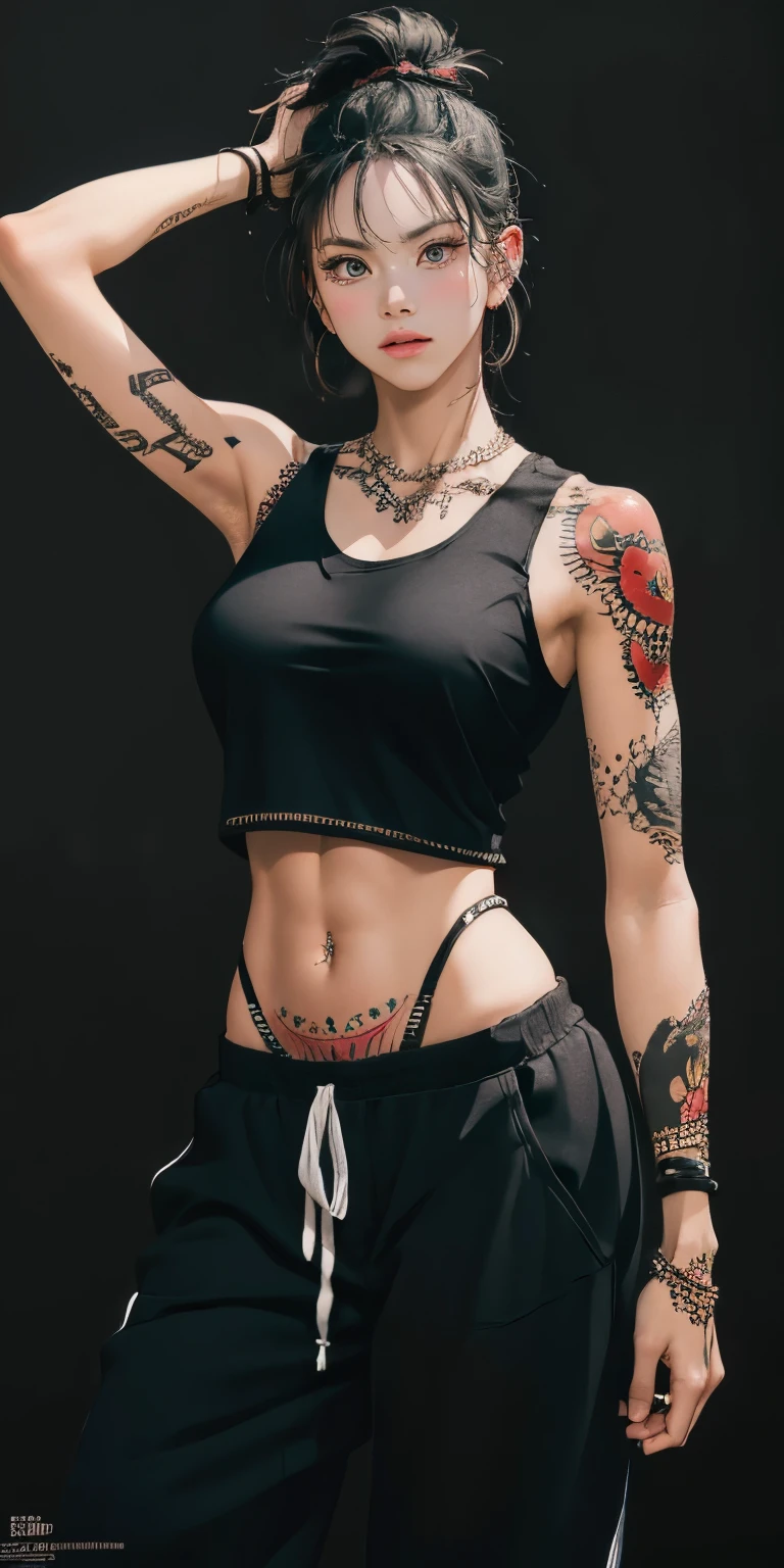 beautiful warrior woman, intricately covered in tattoos, (wearing a black tank-top and baggy joggers), athletic body, dramatic lighting, hyperrealism, absurdres, masterpiece, highly detailed RAW color art