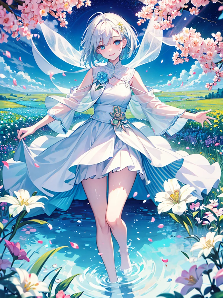 (best quality,4k,highres), realistic, HDR, full body, a girl, white bob hair, white dress, smiling, detailed beautiful eyes, detailed beautiful lips, head straight staring into the viewer, dancing position, warm light, blue sky, standing in the middle of a rainbow flowers garden, vibrant colors, soft lighting, joyful expression, delicate facial features, flowing movement, vibrant and lively atmosphere, abundant flower petals, lush green grass, peaceful ambiance, surrounded by a variety of colorful flowers, gentle breeze, captivating and enchanting scenery.